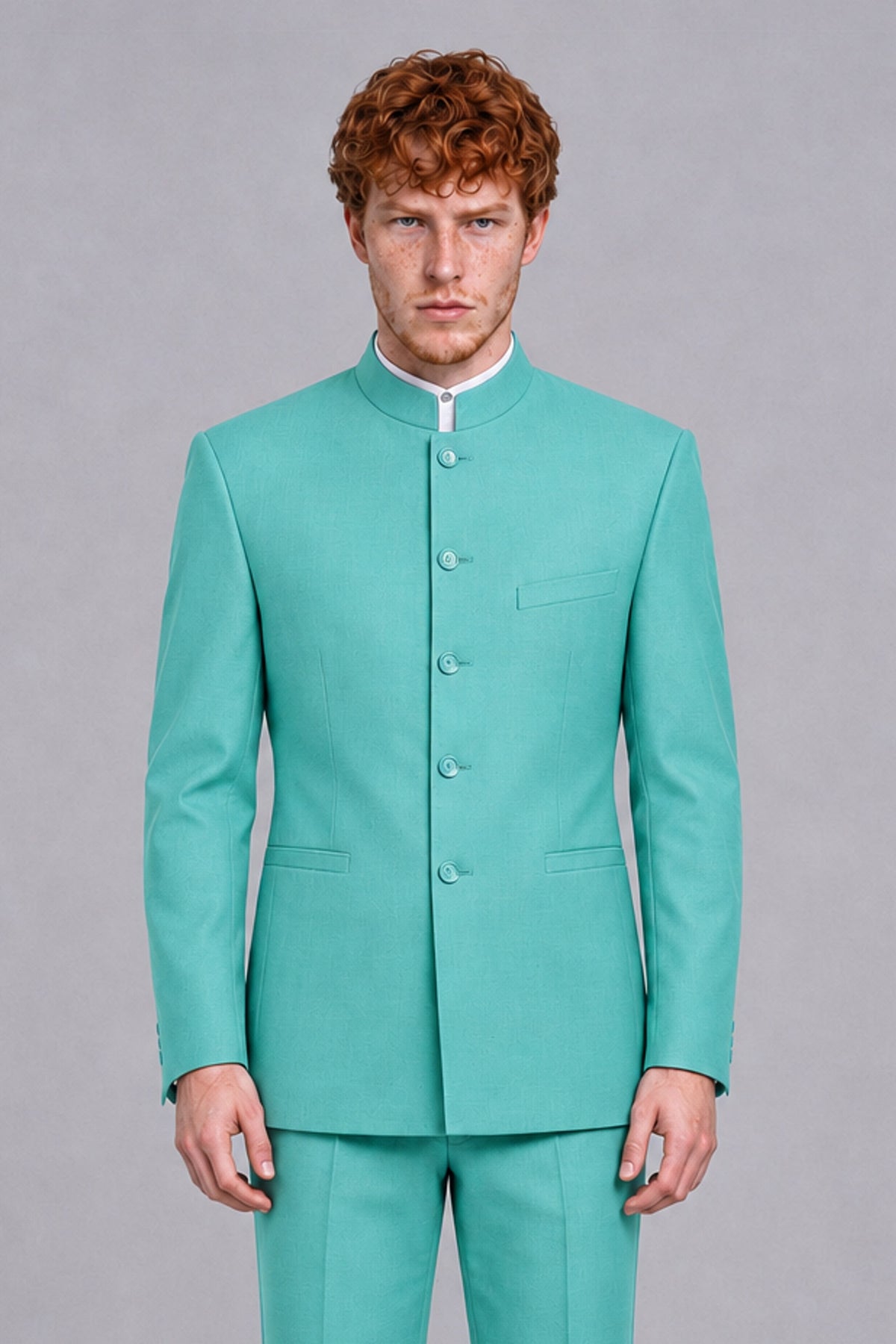 BOLODOO Men's Turquoise Mandarin Collar Two-Piece Suit - Turquoise - Turquoise_1