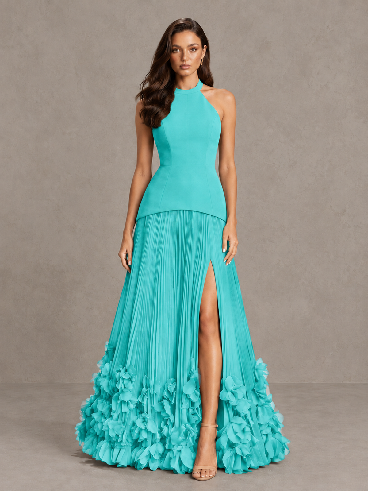 BOLODOO Turquoise Halter Neck Floor-Length Evening Gown with High Slit & 3D Floral Hem - Turquoise - Turquoise_1
