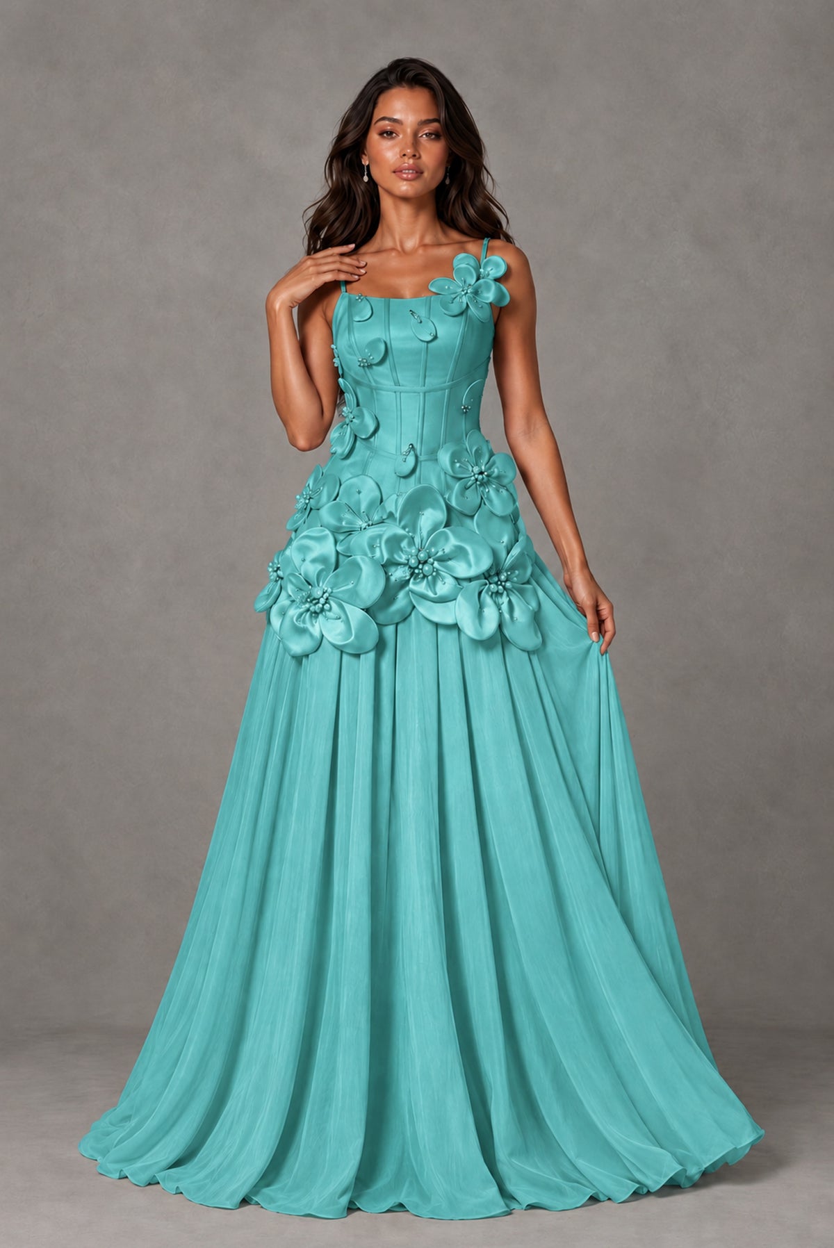 BOLODOO Turquoise 3D Floral Appliqué Floor-Length A-Line Evening Gown - Turquoise