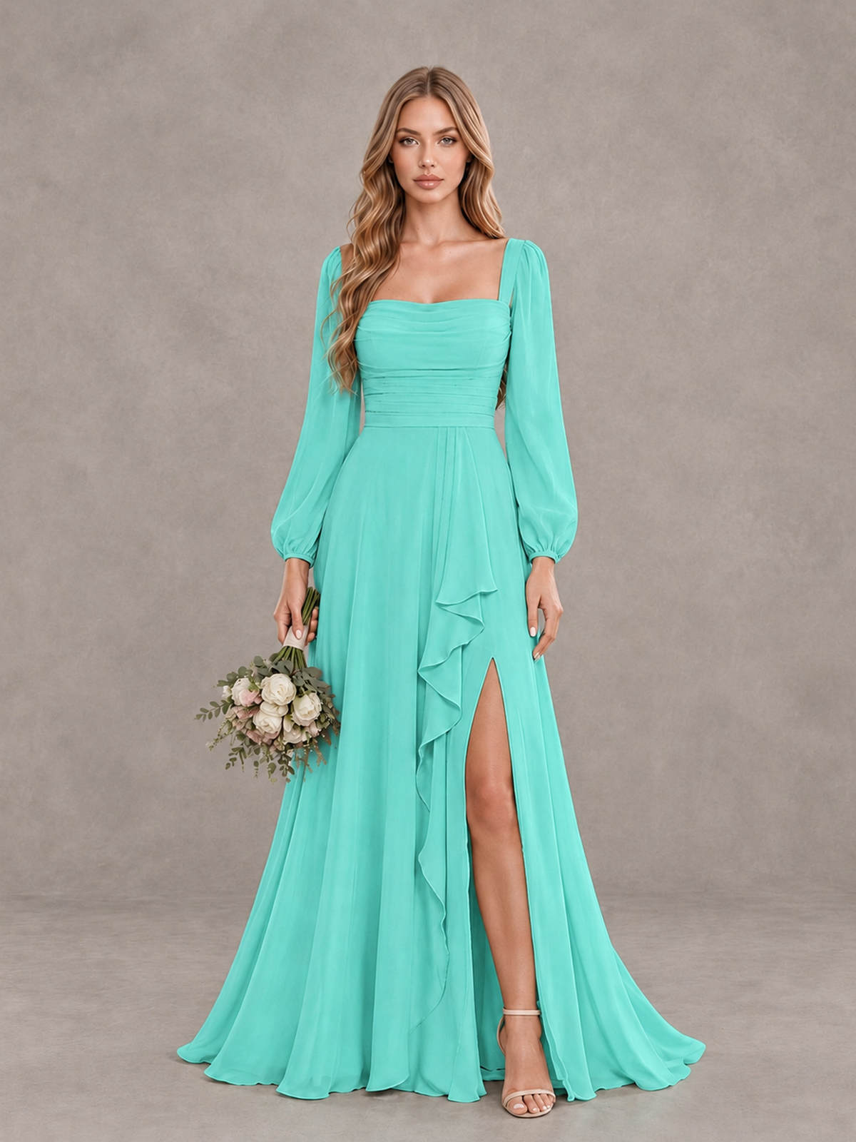 BOLODOO Turquoise Square Neck Long Sleeve Bridesmaid Dress with Ruffle Slit - Turquoise - Turquoise_1