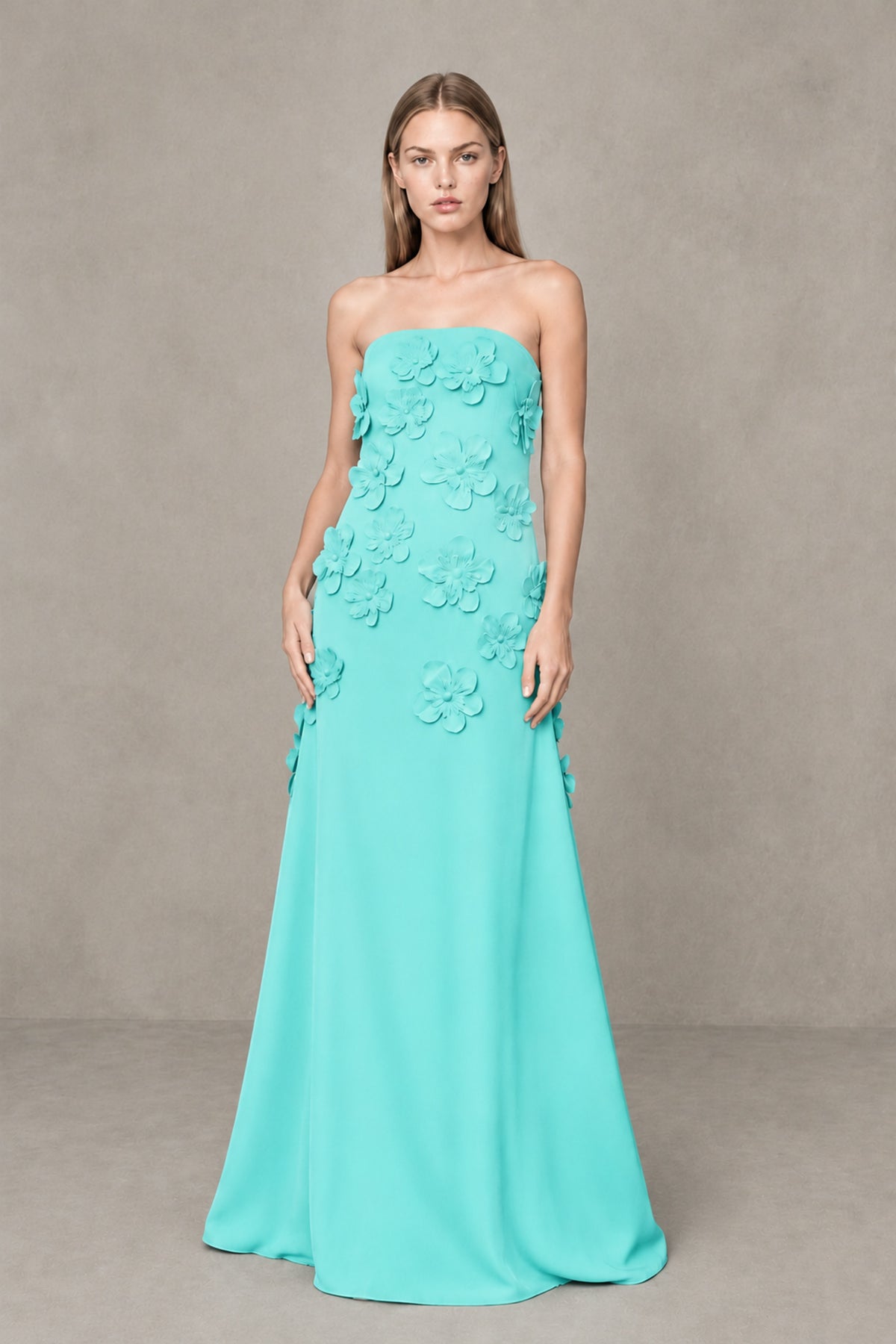BOLODOO Turquoise Strapless 3D Floral Appliqué Crepe Maxi Gown - Turquoise - Turquoise_1