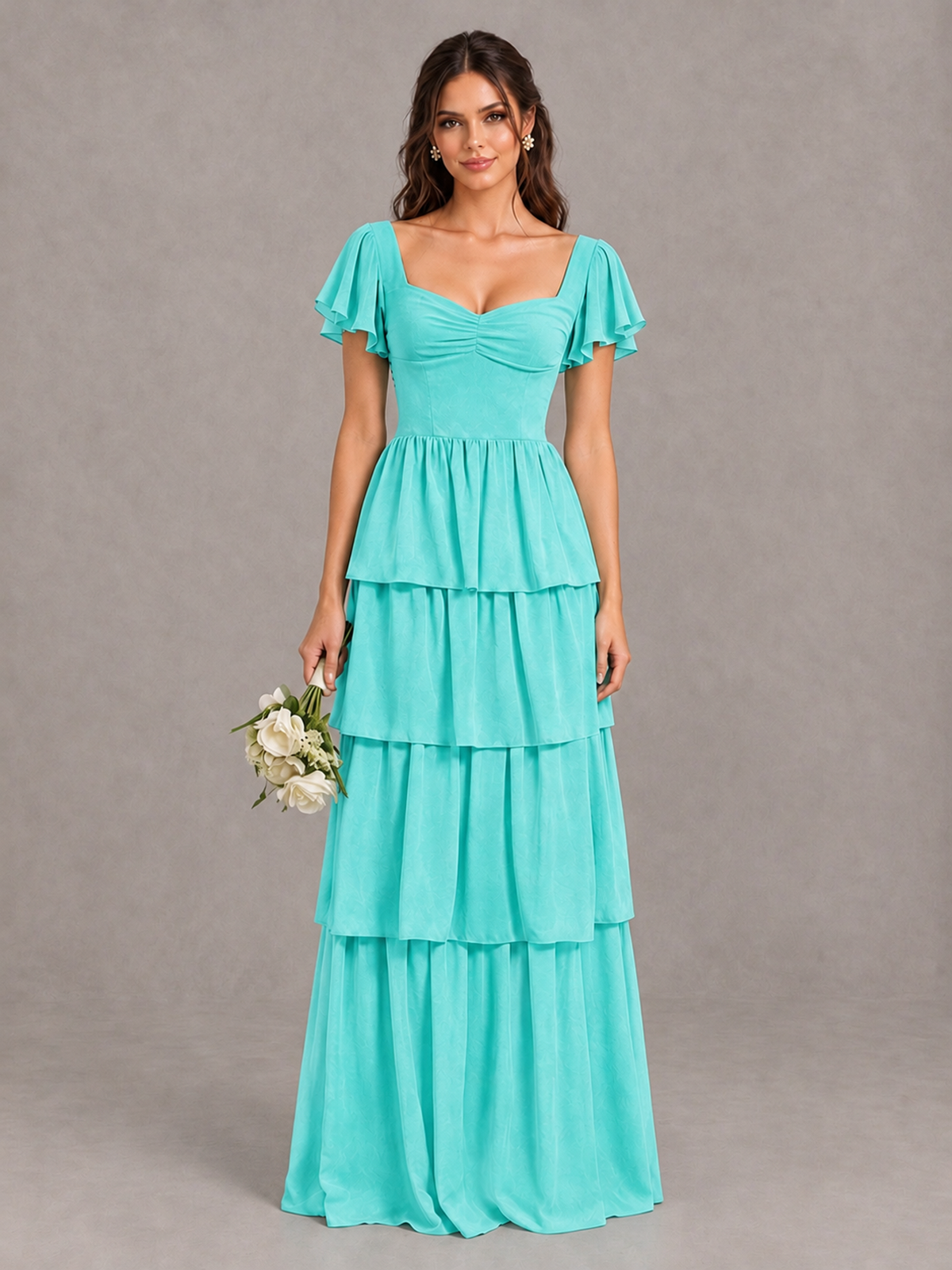 BOLODOO Turquoise Flutter Sleeve Tiered Maxi Bridesmaid Dress - Turquoise - Turquoise_1