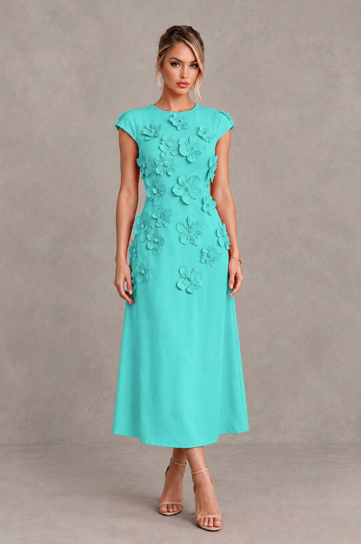 BOLODOO Turquoise 3D Floral Cap Sleeve Midi Cocktail Dress - Turquoise - Turquoise_1