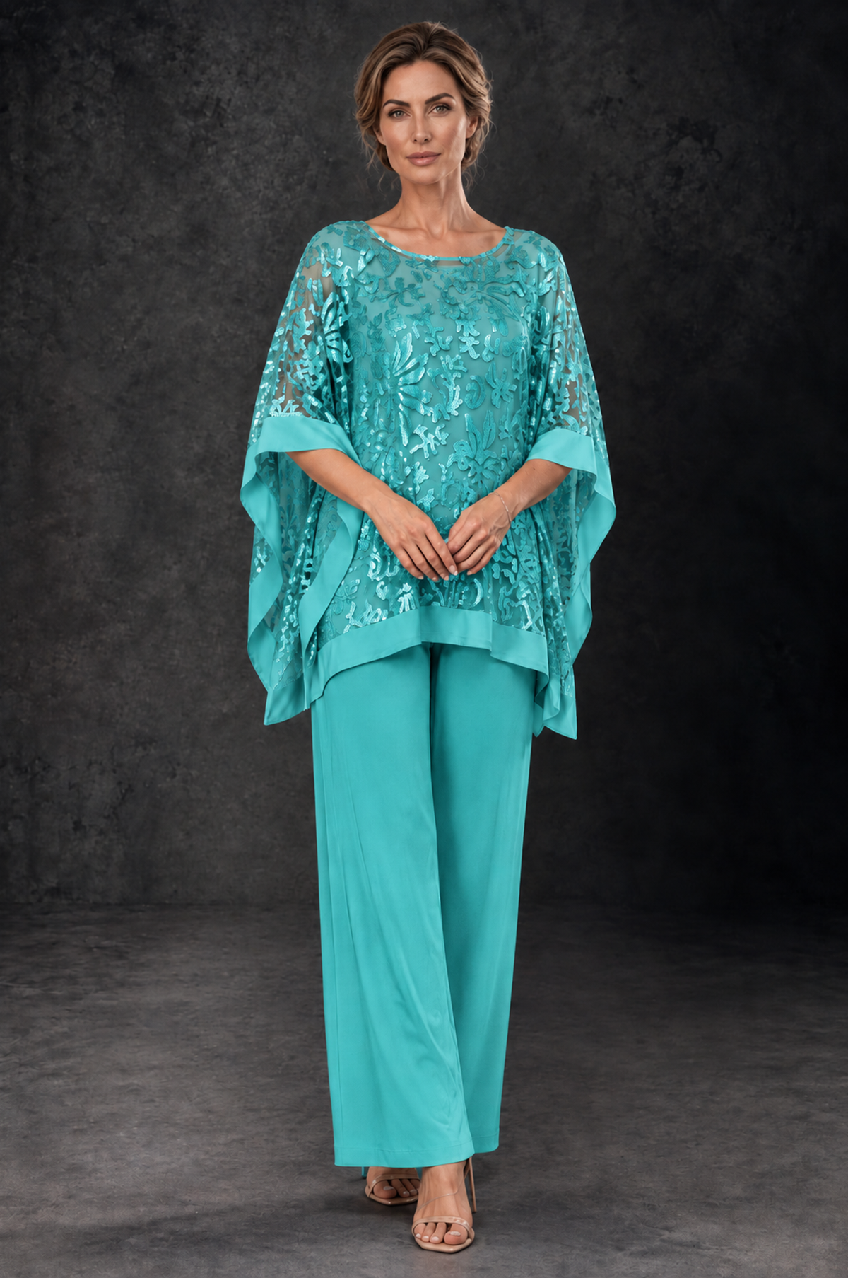 BOLODOO Turquoise Floral Cape Mother of the Bride Pant Suit - Turquoise - Turquoise_1