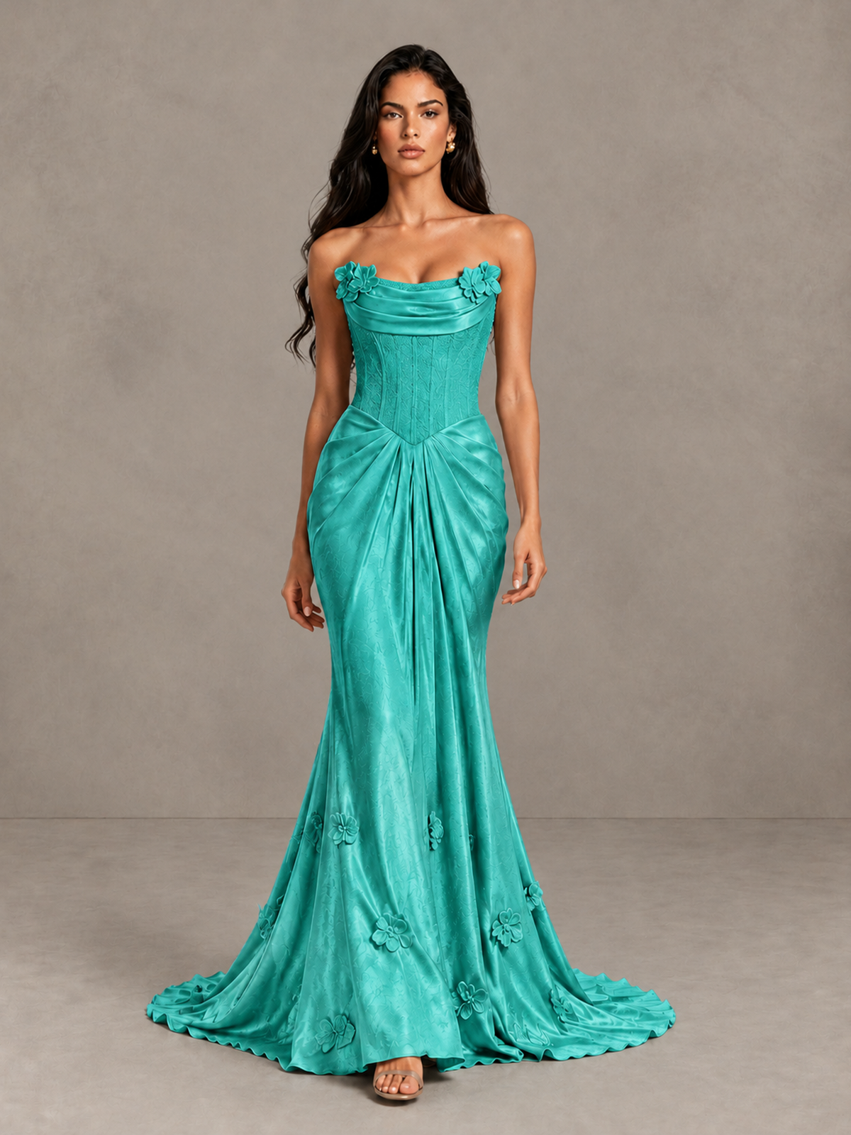 BOLODOO Turquoise Strapless Floral Corset Evening Gown with Train - Turquoise - Turquoise_1