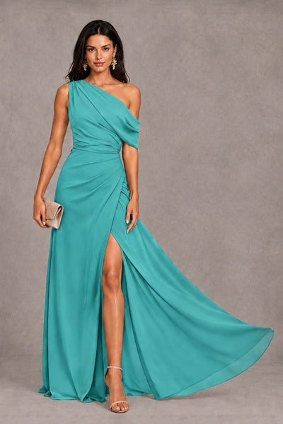 Turquoise One-Shoulder Floor-Length Evening Gown with High Slit - Turquoise