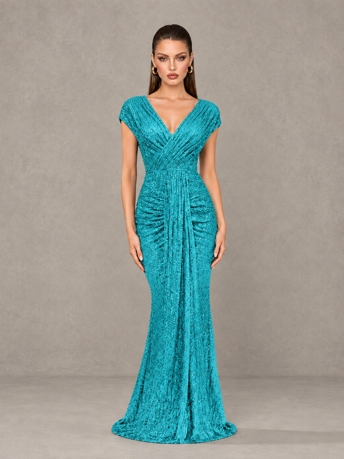 BOLODOO Turquoise Glitter V-Neck Cap Sleeve Ruched Mermaid Evening Gown - Turquoise - Turquoise_1