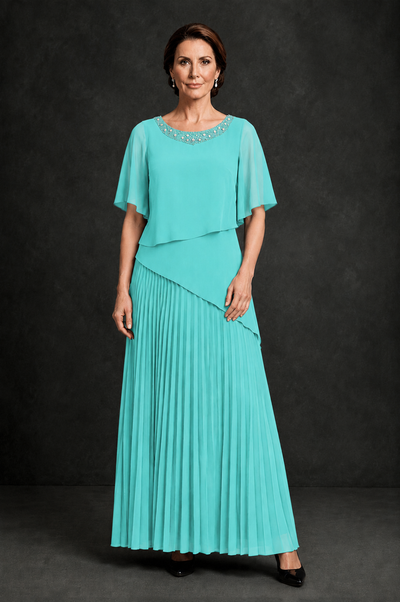 BOLODOO Turquoise Pearl Beaded Neck Asymmetric Tiered Flutter Sleeve Pleated Chiffon Maxi Dress - Turquoise - Turquoise_1