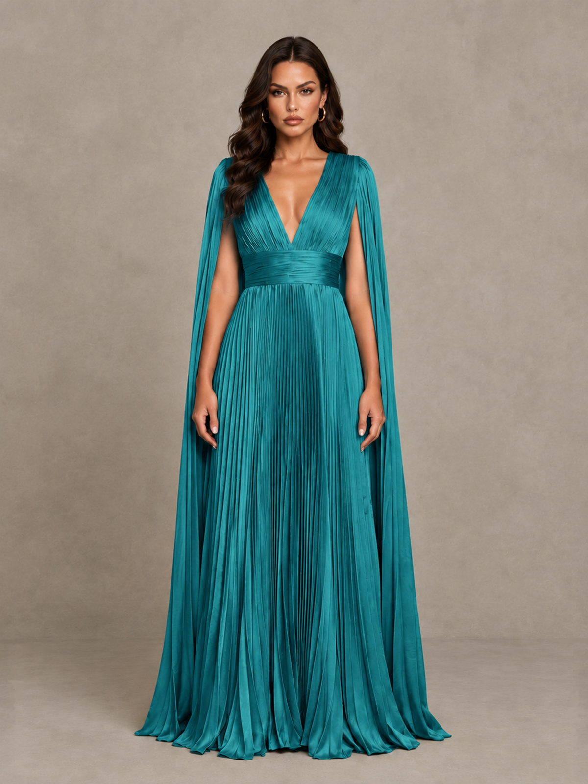 BOLODOO Turquoise Deep V-Neck Pleated Cape Sleeve Evening Gown - Turquoise - Turquoise_1