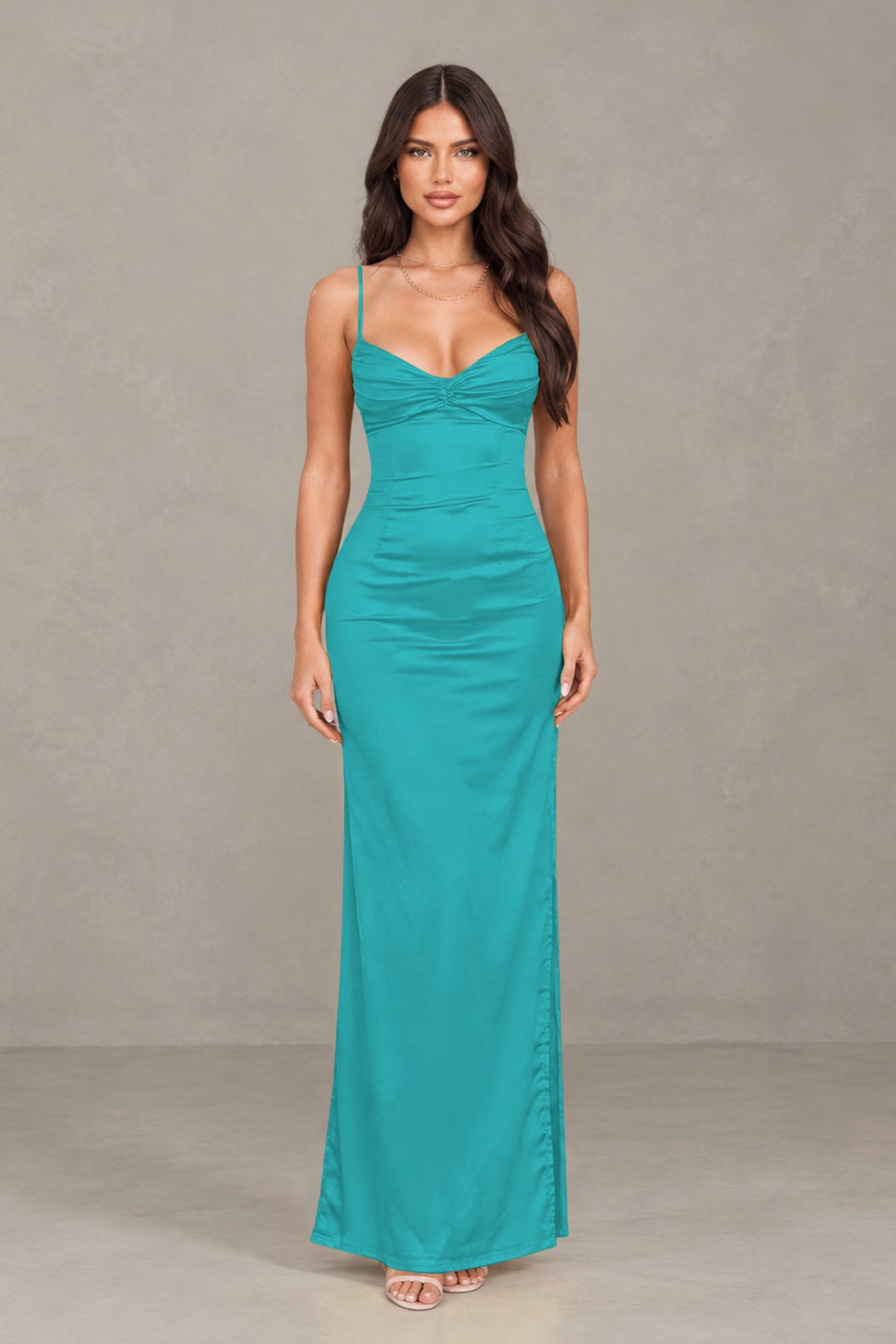 BOLODOO Turquoise Satin Cowl Neck Open Back Mermaid Maxi Dress with Side Slit - Turquoise