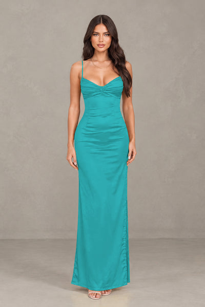 BOLODOO Turquoise Satin Cowl Neck Open Back Mermaid Maxi Dress with Side Slit - Turquoise