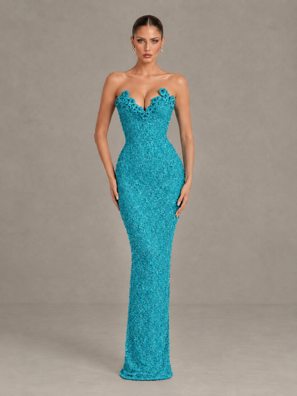 BOLODOO Turquoise Strapless Sequin Evening Gown with Floral Neckline - Turquoise - Turquoise_1