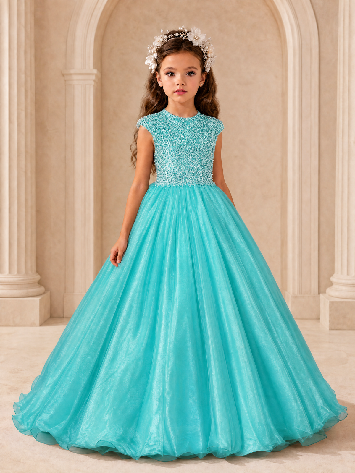 BOLODOO Turquoise Sequin Tulle Flower Girl Dress with Cap Sleeves - Turquoise - Turquoise_1