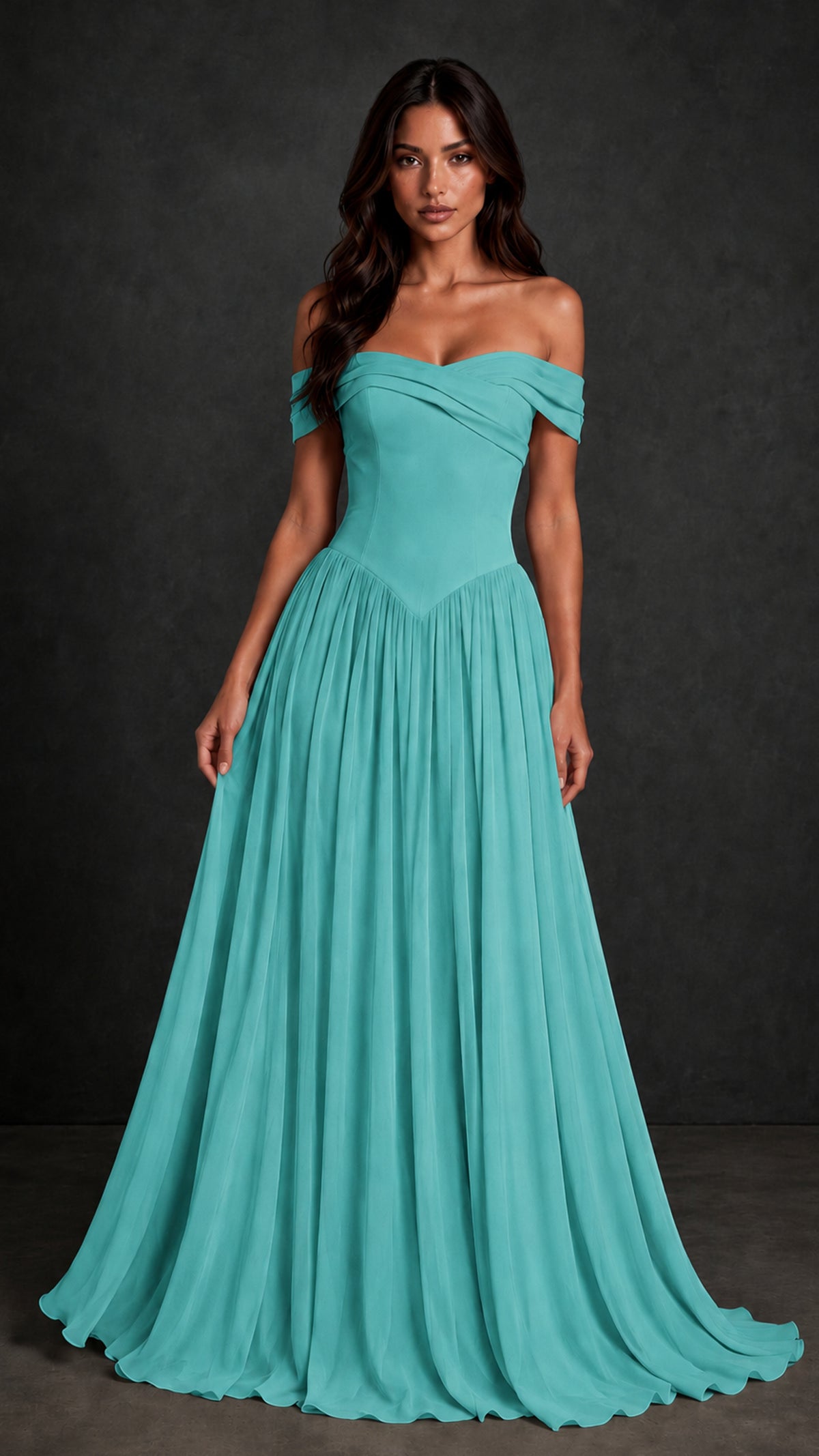 BOLODOO Turquoise Off-Shoulder Sweetheart Corset Pleated Chiffon Maxi Dress - Turquoise