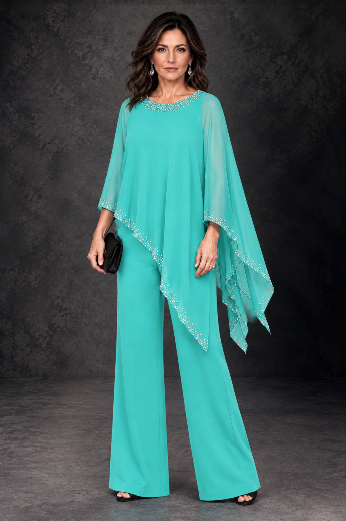 BOLODOO Turquoise Embellished Cape Mother of the Bride Pantsuit - Turquoise - Turquoise_1