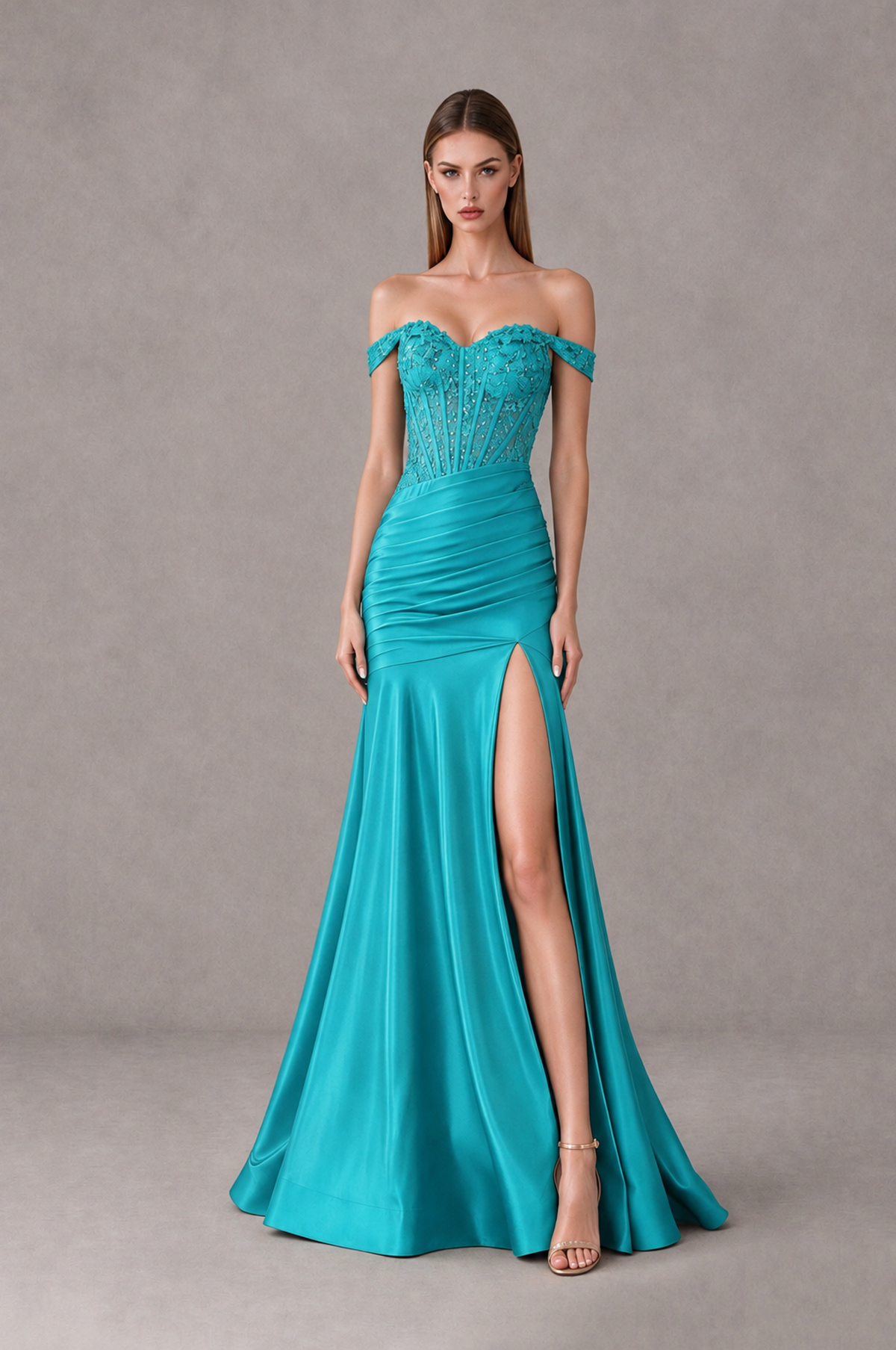 BOLODOO Turquoise Off-Shoulder Corset Mermaid Prom Dress with Slit Sequin Lace Evening Gown - Turquoise - Turquoise_1