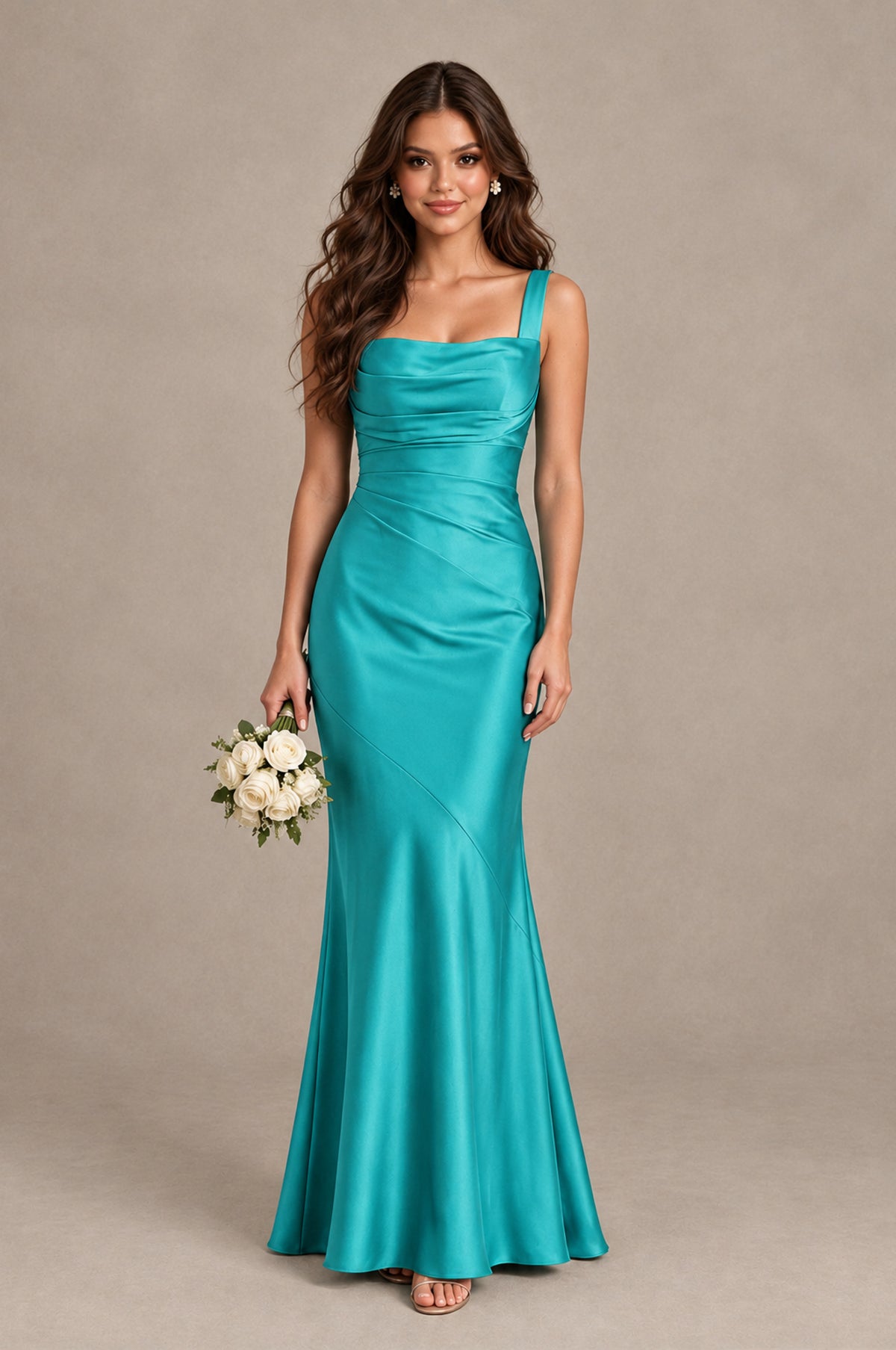 BOLODOO Turquoise Square Neck Ruched Satin Lace-Up Bridesmaid Dress - Turquoise - Turquoise_1