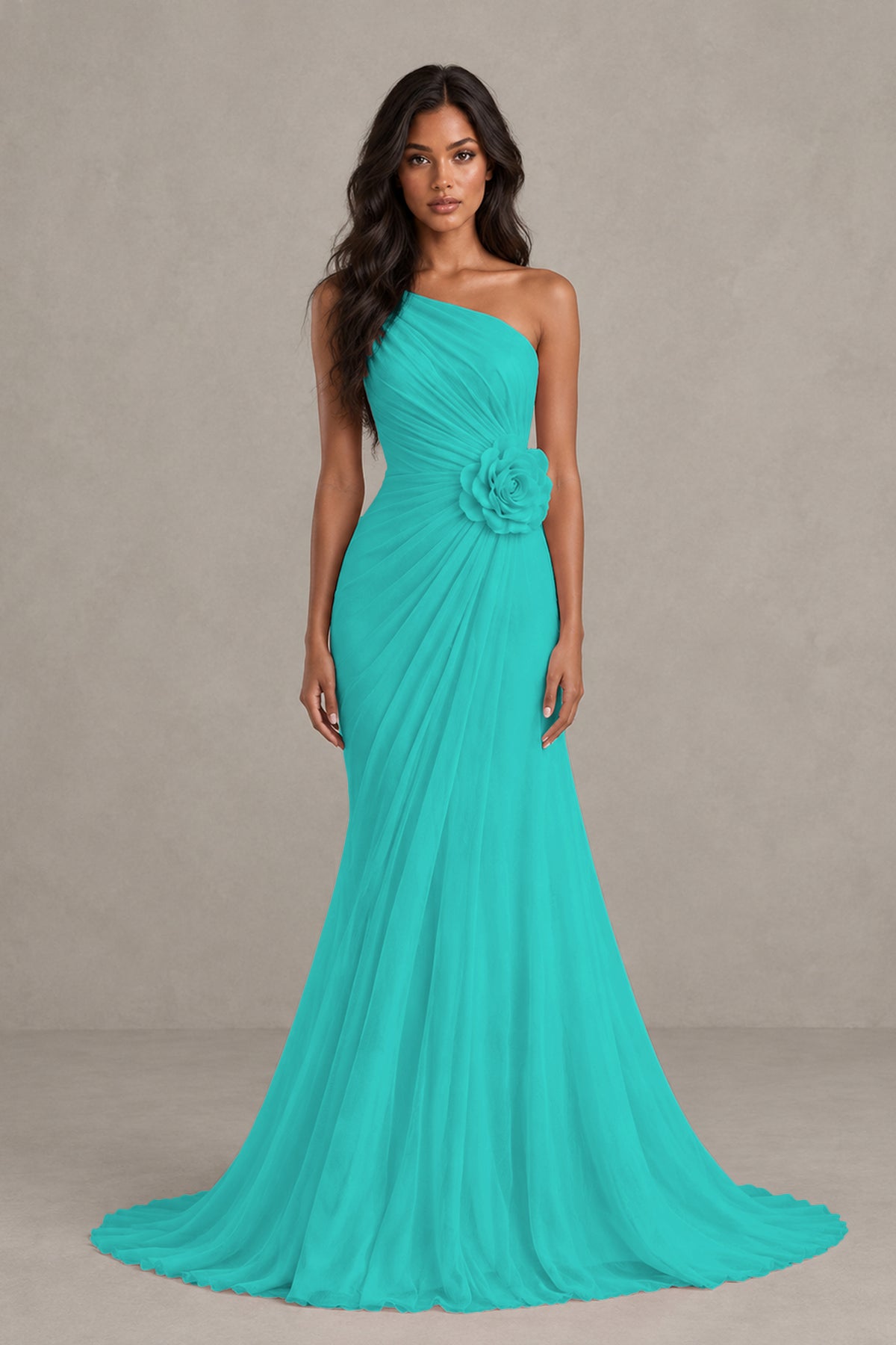 BOLODOO Turquoise One-Shoulder Floral Ruched Maxi Dress - Turquoise