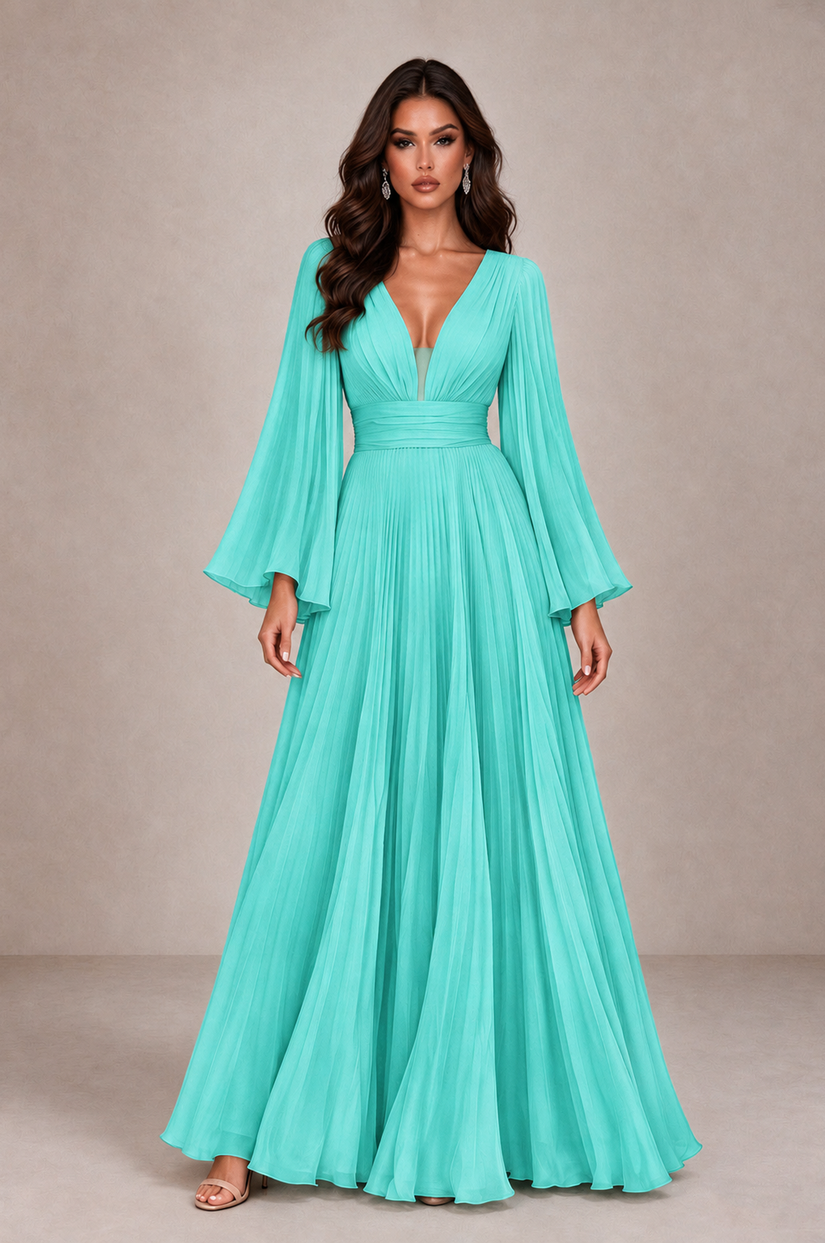 BOLODOO Turquoise Pleated Deep V-Neck Long Bell Sleeve Evening Dress - Turquoise - Turquoise_1