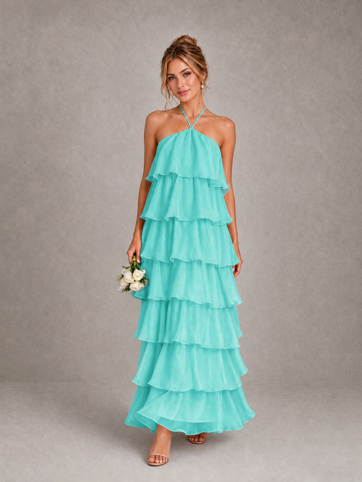 BOLODOO Turquoise Halter Tiered Ruffle Maxi Bridesmaid Dress - Turquoise - Turquoise_1