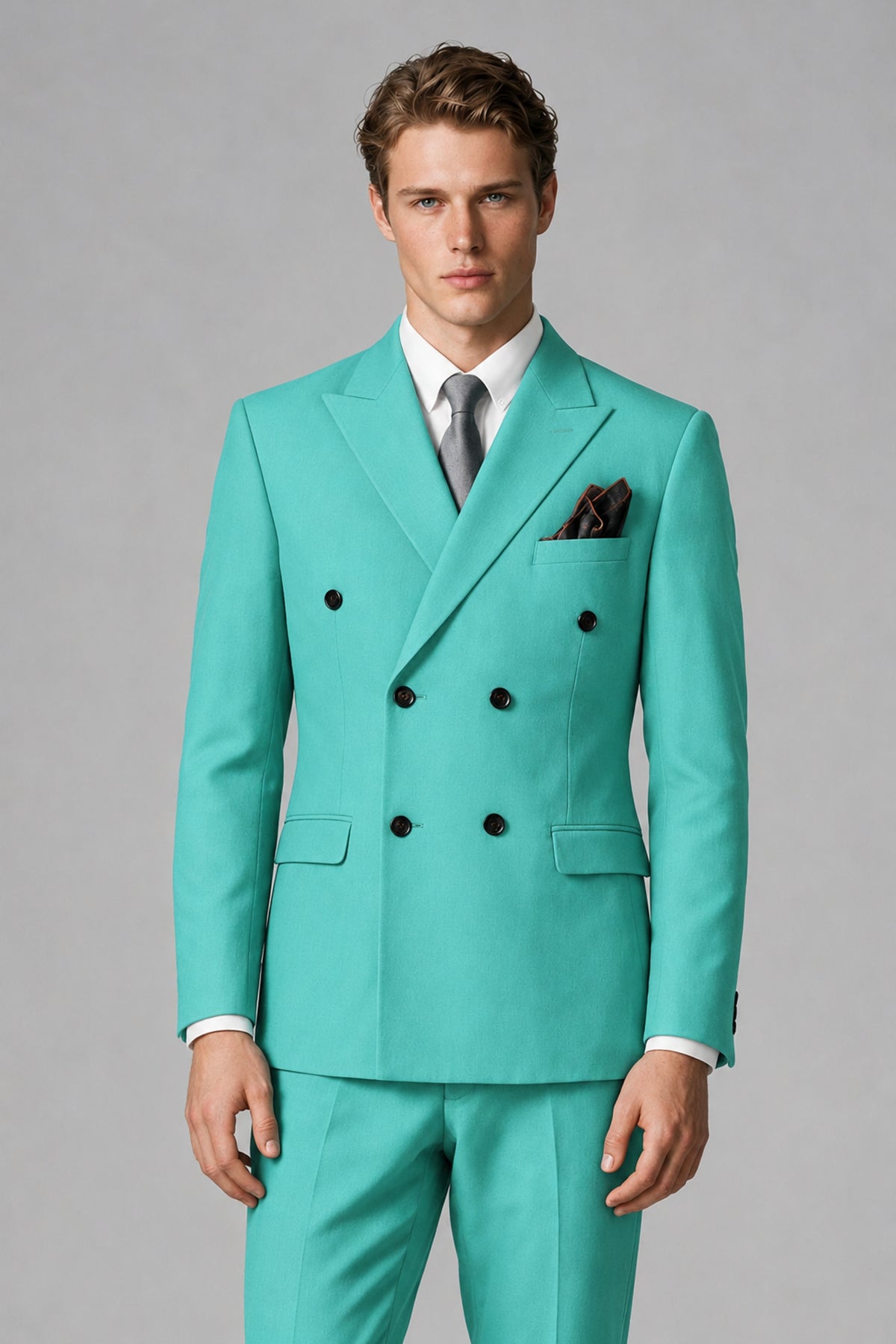 Bolodoo Men's Turquoise Double-Breasted Two-Piece Suit with Peak Lapels - Turquoise - Turquoise_1