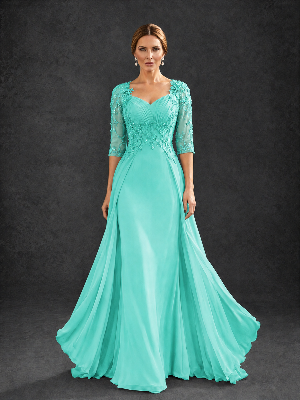 BOLODOO Turquoise Sweetheart Neck 3/4 Sleeve Floral Lace Illusion Bodice Chiffon A-Line Gown - Turquoise - Turquoise_1