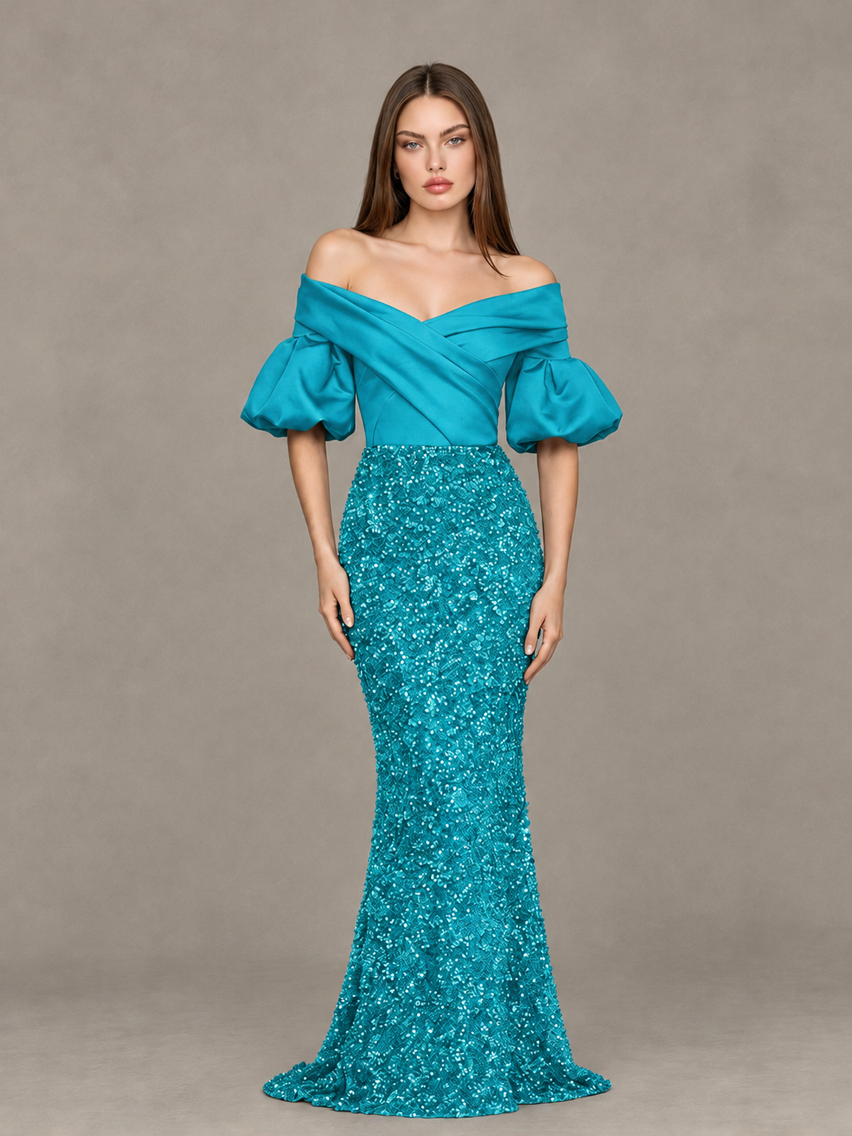 BOLODOO Turquoise Off-Shoulder Puff Sleeve Sequin Mermaid Evening Dress - Turquoise - Turquoise_1