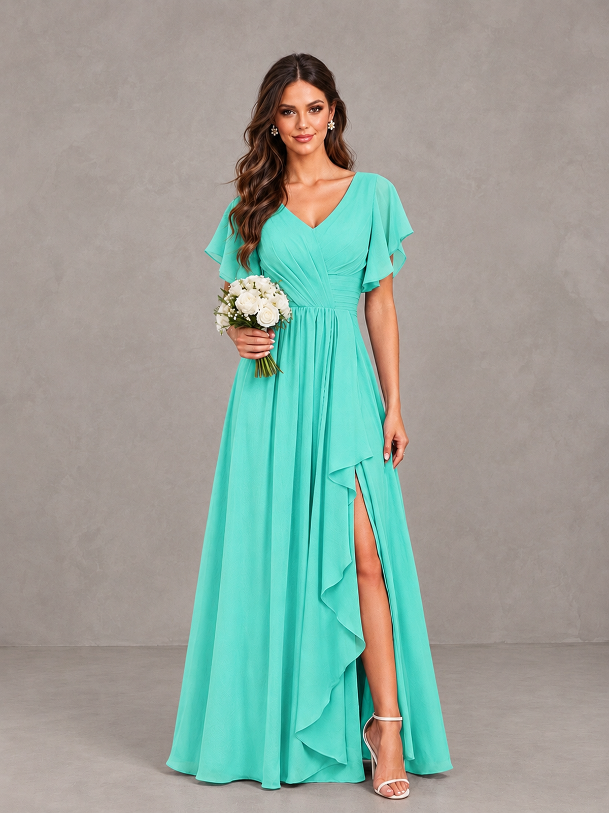 BOLODOO Turquoise Flutter Sleeve V-Neck Bridesmaid Dress with Ruffle Slit - Turquoise - Turquoise_1