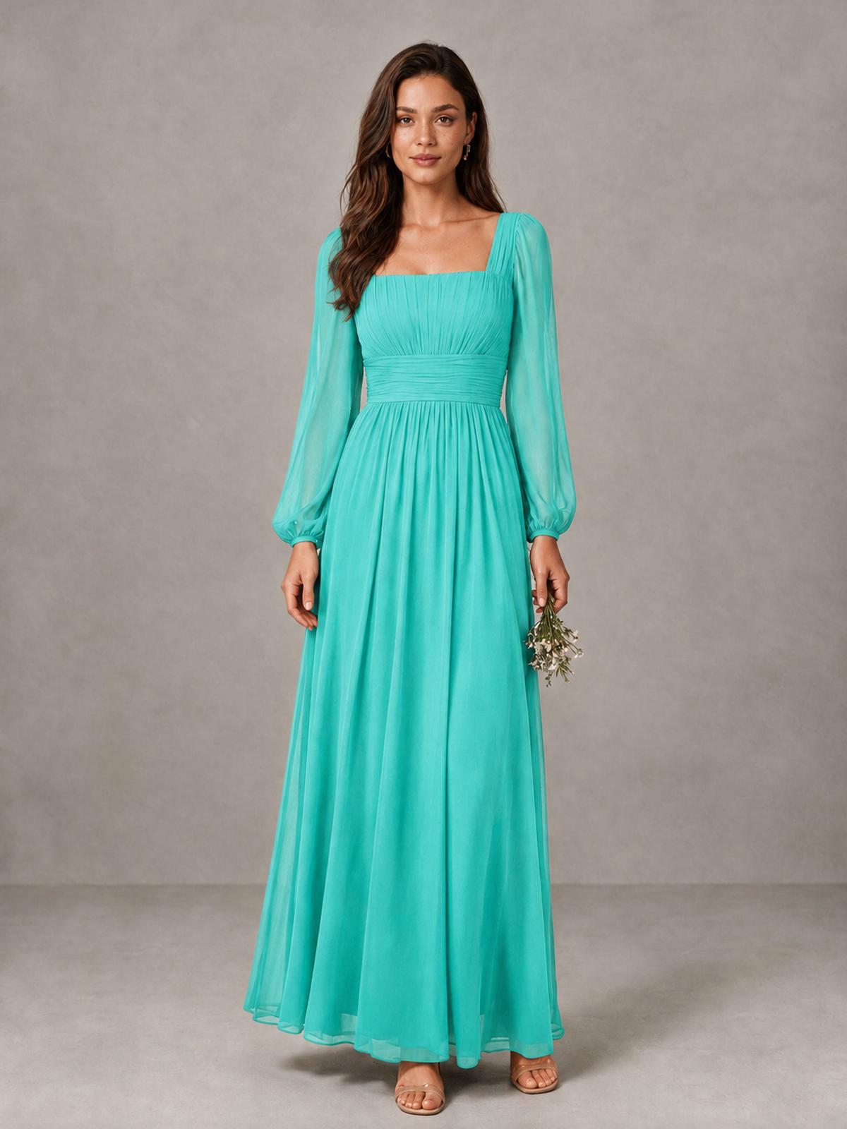 BOLODOO Turquoise Square Neck Long Sleeve Chiffon Bridesmaid Dress - Turquoise - Turquoise_1