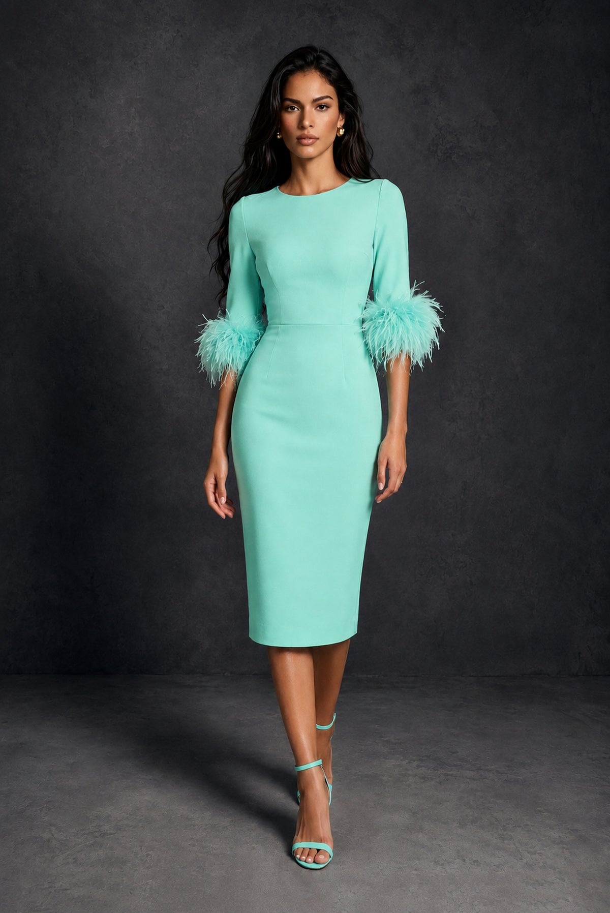 BOLODOO Turquoise Ostrich Feather Cuff 3/4 Sleeve Round Neck Bodycon Midi Dress with Back Slit - Turquoise