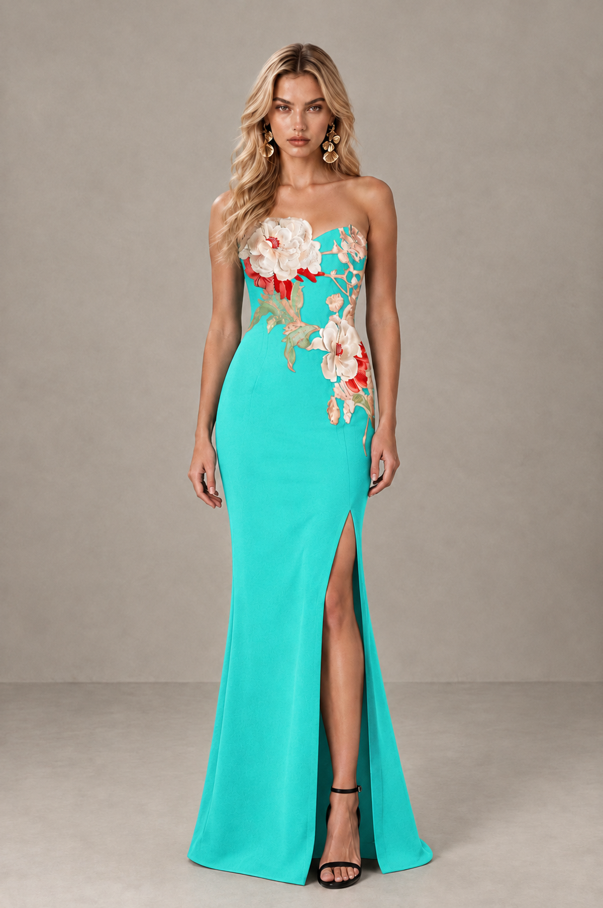 BOLODOO Turquoise Strapless Floral Mermaid Evening Dress with Slit - Turquoise - Turquoise_1