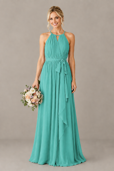BOLODOO Turquoise Halter Chiffon Bridesmaid Dress with High Slit - Turquoise