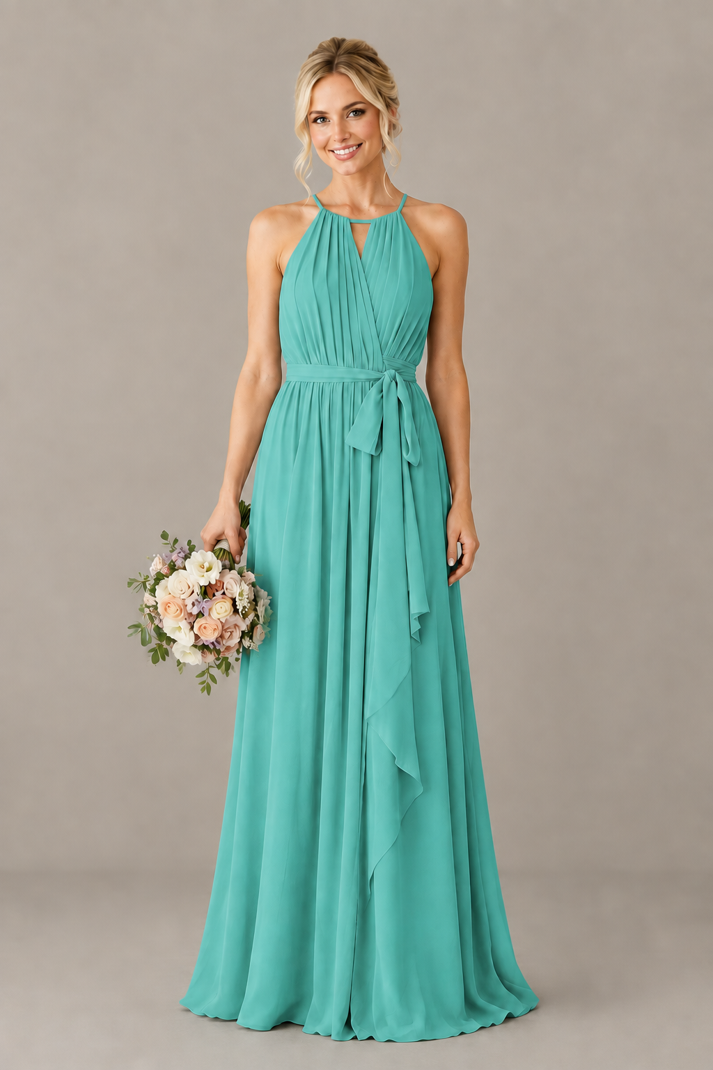 BOLODOO Turquoise Halter Chiffon Bridesmaid Dress with High Slit - Turquoise