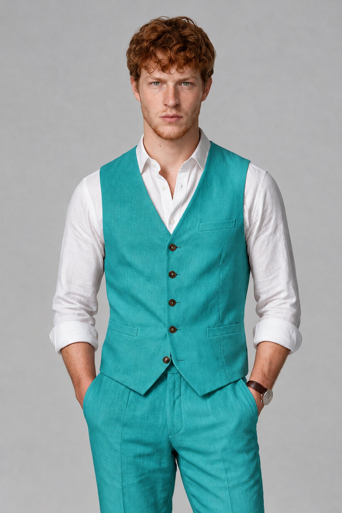 Bolodoo Men's Turquoise 2-Piece Vest and Pants Set with V-Neck Waistcoat - Turquoise - Turquoise_1