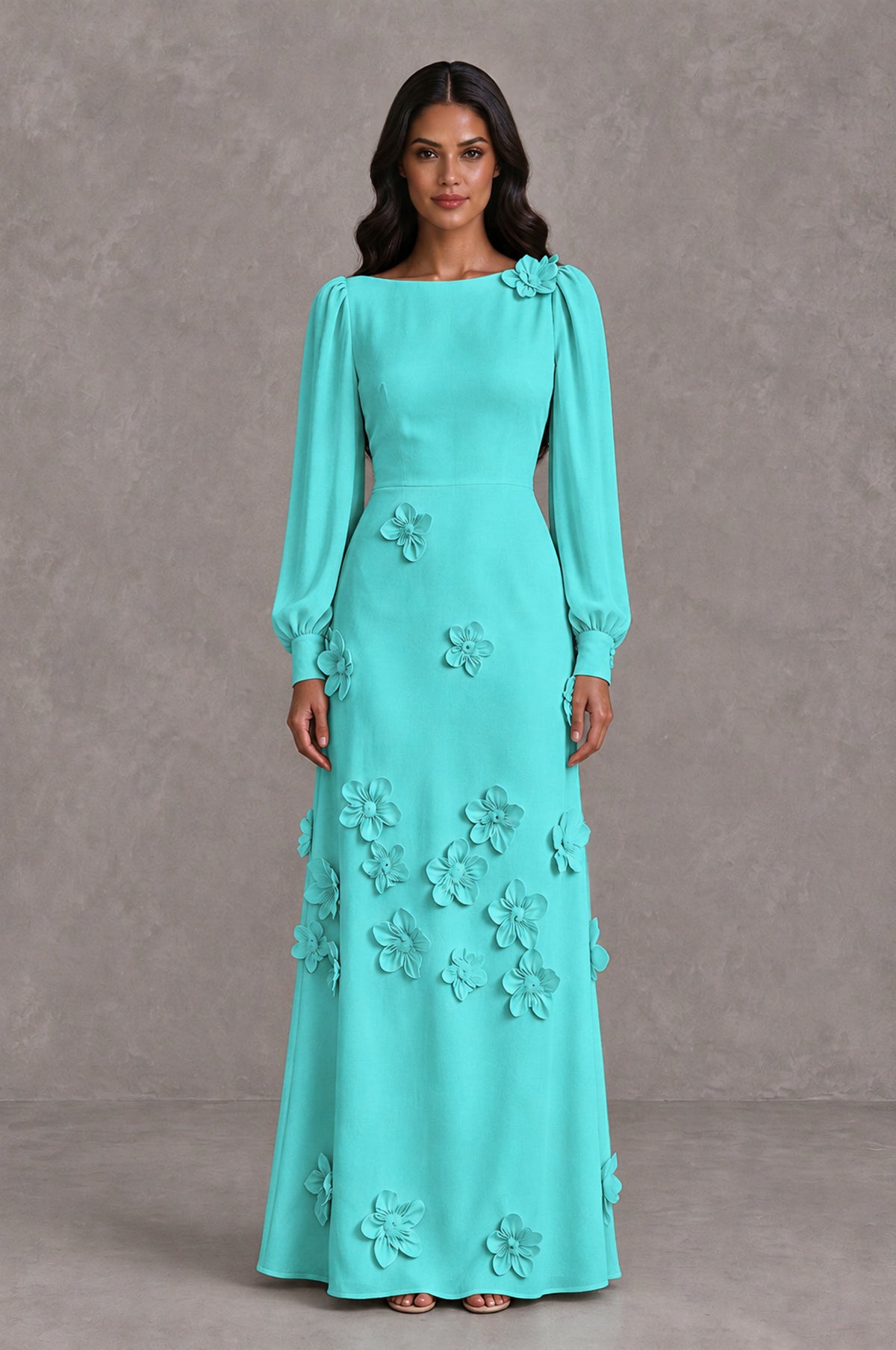 BOLODOO Turquoise Long Sleeve Floral Applique A-Line Evening Dress - Turquoise - Turquoise_1