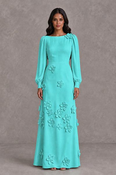 BOLODOO Turquoise Long Sleeve Floral Applique A-Line Evening Dress - Turquoise - Turquoise_1