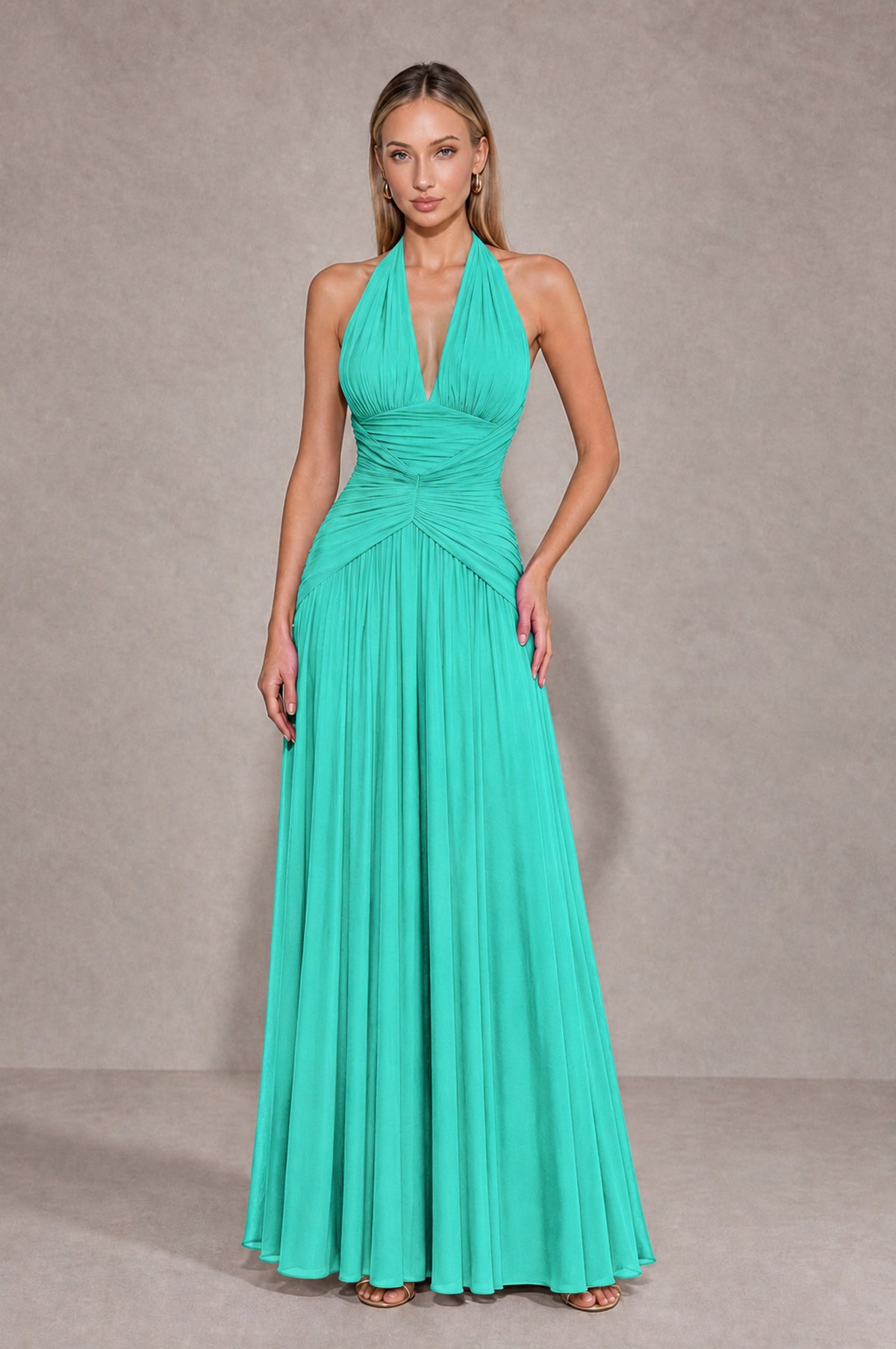BOLODOO Turquoise Chiffon Halter Deep V-Neck Ruched A-Line Backless Maxi Dress with Train-BD0167 - Turquoise - Turquoise_1