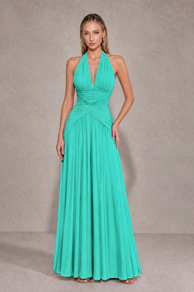 BOLODOO Turquoise Chiffon Halter Deep V-Neck Ruched A-Line Backless Maxi Dress with Train-BD0167 - Turquoise - Turquoise_1