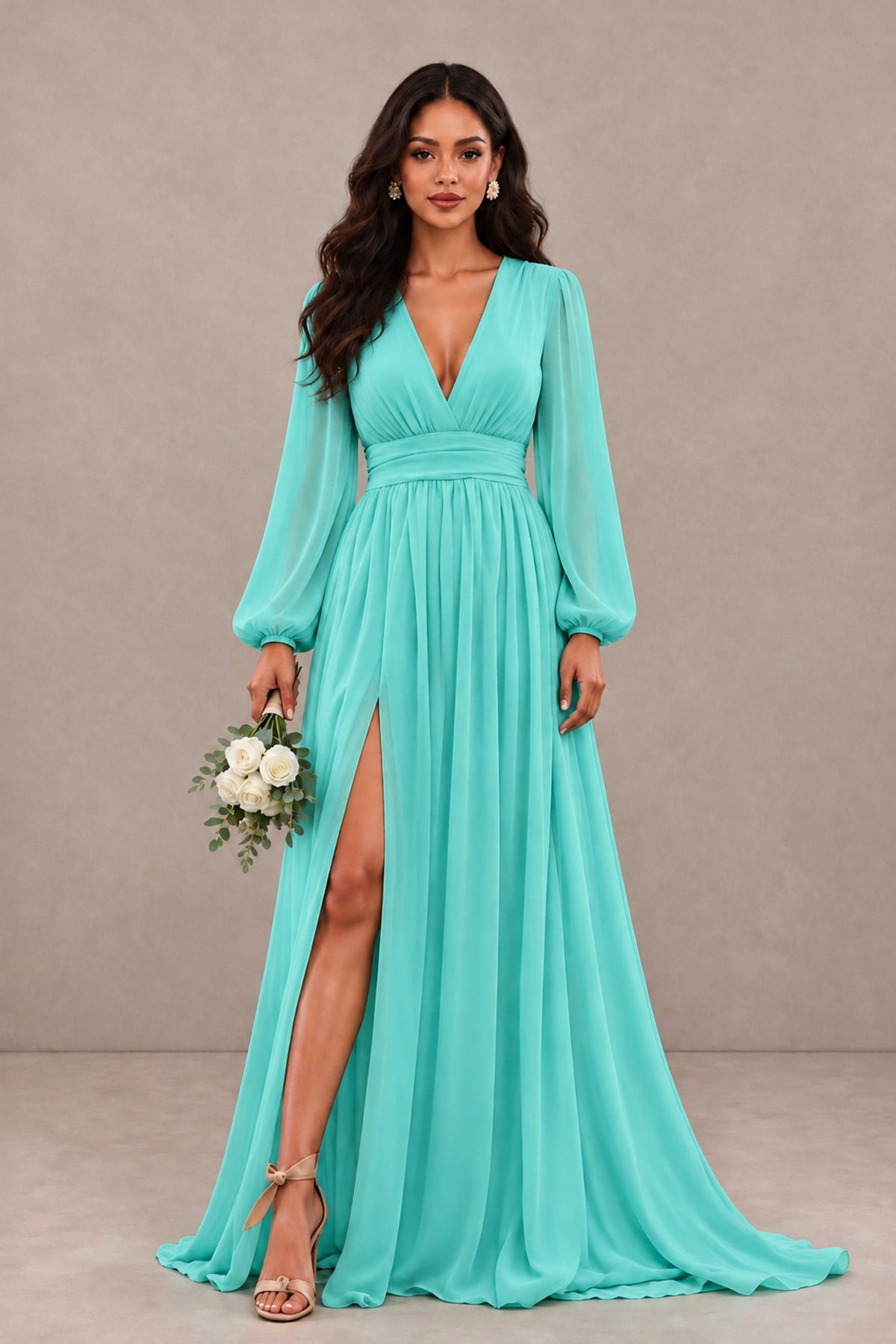 BOLODOO Turquoise Long Sleeve V-Neck A-Line Gown with Open Back & Slit - Turquoise - Turquoise_1