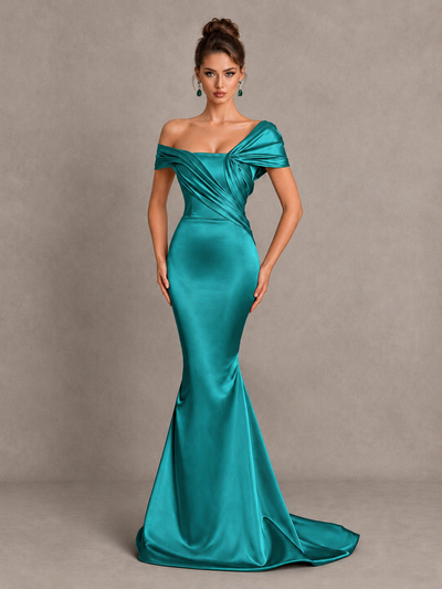BOLODOO Turquoise Off-Shoulder Satin Mermaid Prom Dress - Turquoise - Turquoise_1