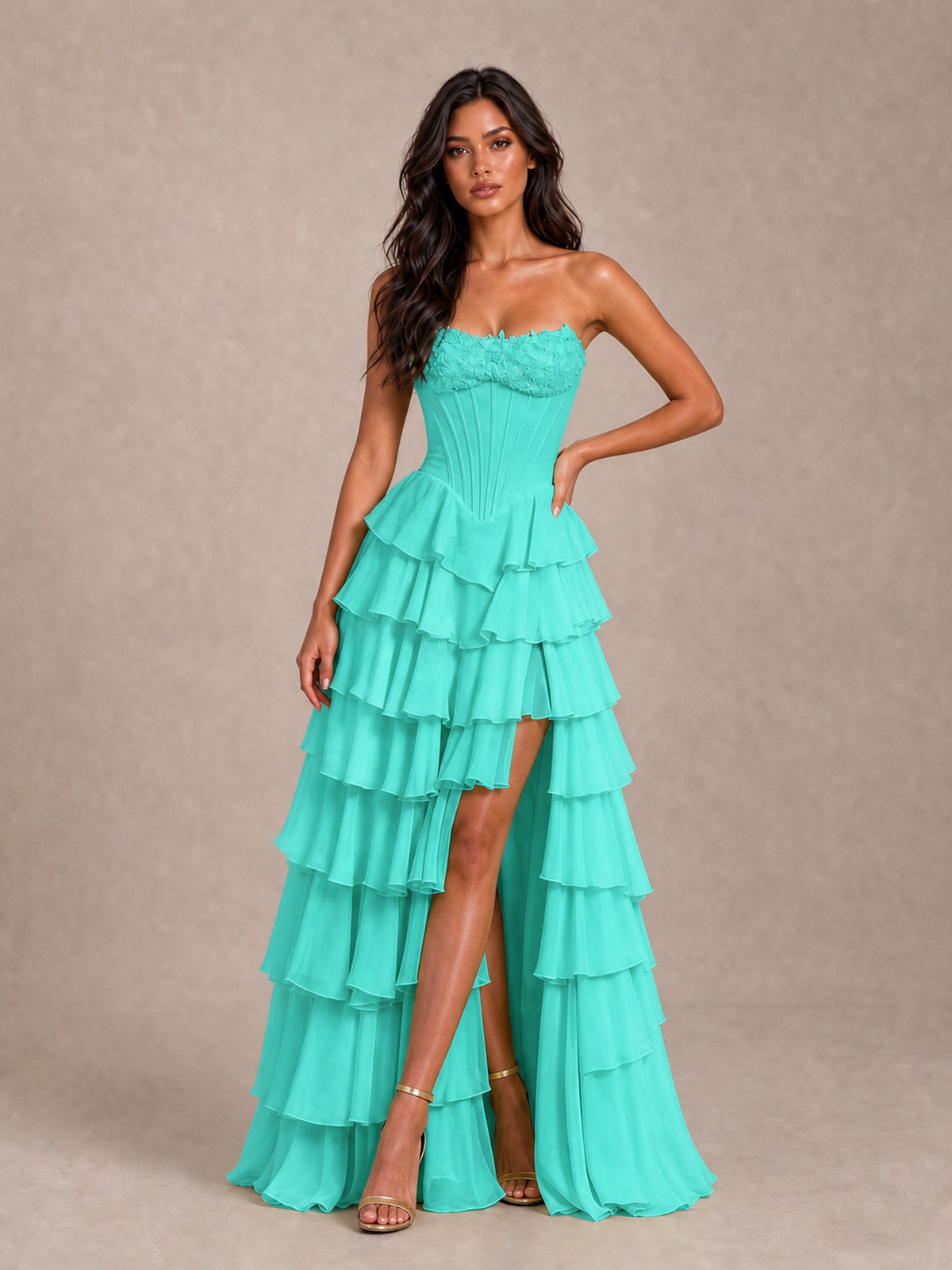 BOLODOO Turquoise Strapless Corset Tiered Ruffle Prom Dress with High Slit - Turquoise - Turquoise_1
