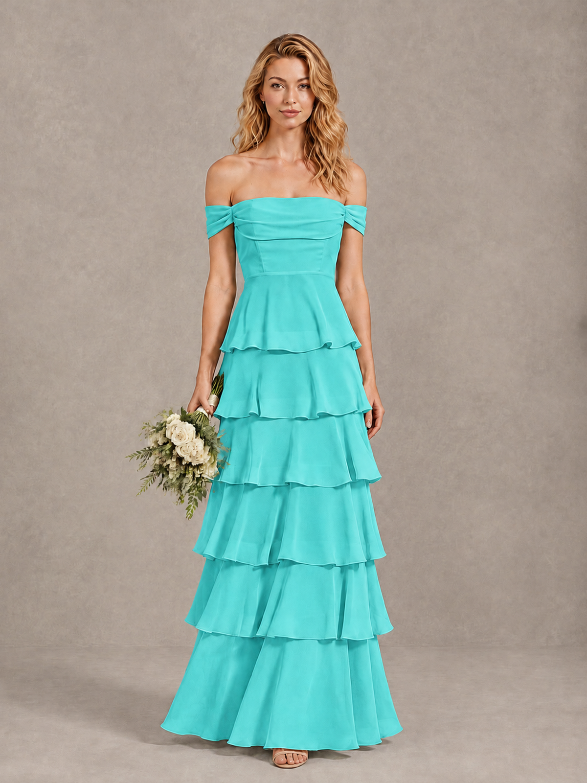 BOLODOO Turquoise Off-Shoulder Tiered Ruffle Bridesmaid Dress with Lace-Up Back - Turquoise - Turquoise_1
