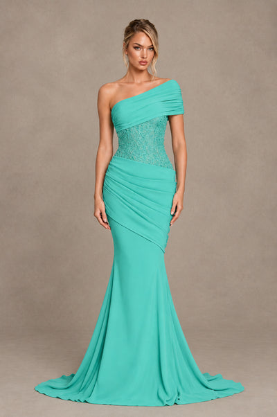 BOLODOO Turquoise One-Shoulder Sequin Embroidered Ruched Mermaid Gown with Train - Turquoise - Turquoise_1