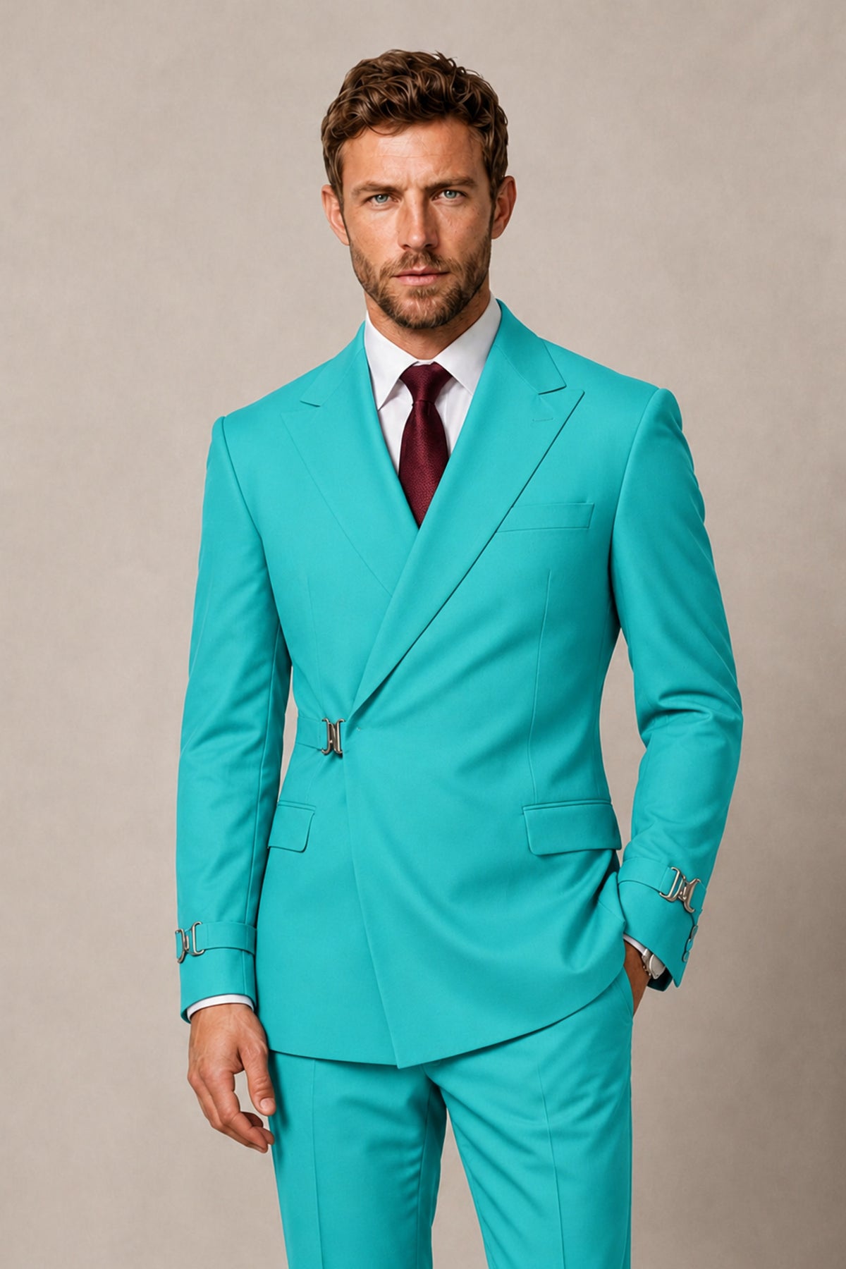 BOLODOO Men's Turquoise Double-Breasted 2-Piece Suit Set – Blazer & Tailored Trousers - Turquoise
