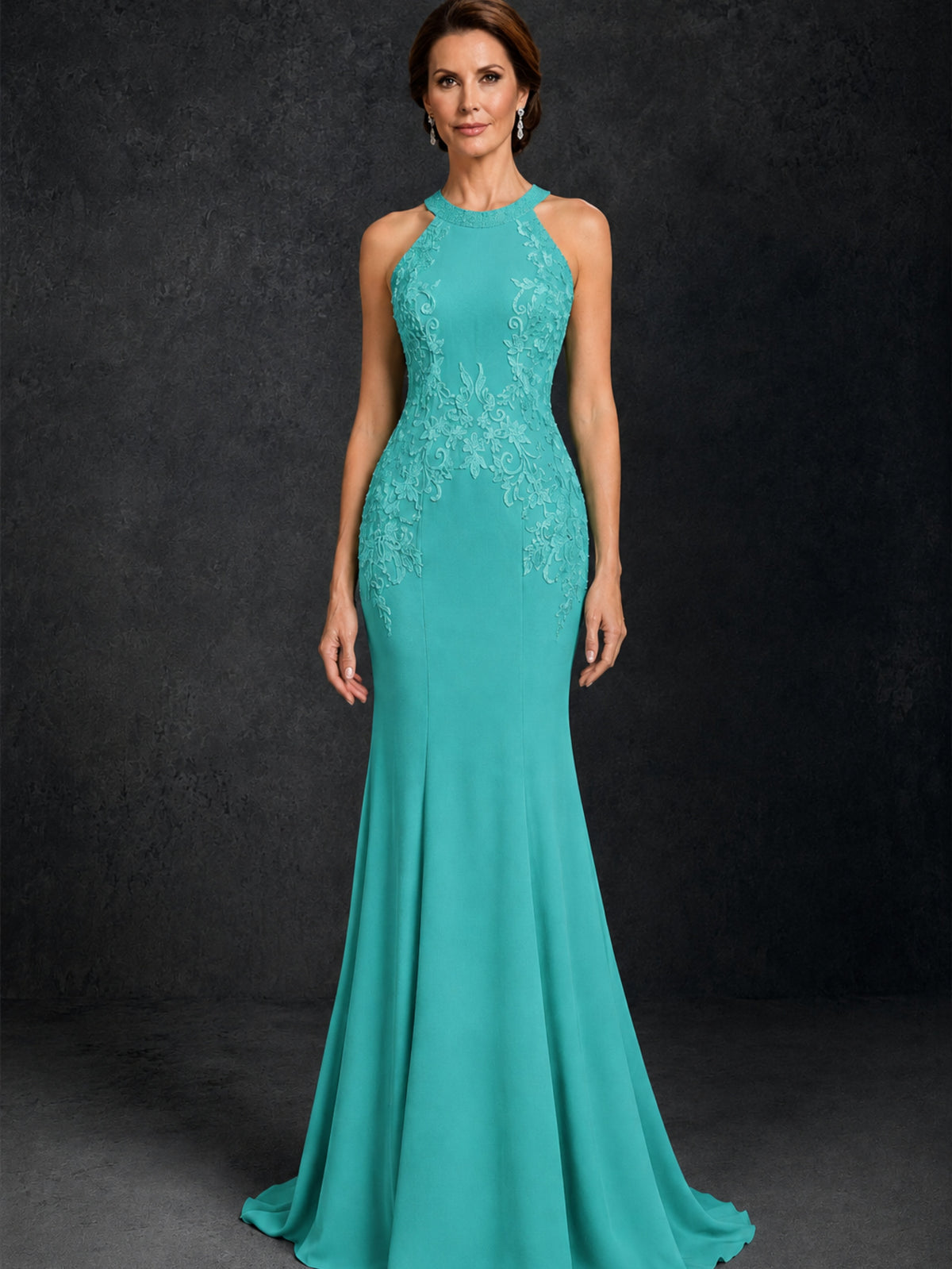 BOLODOO Turquoise Lace Applique Halter Neck Sheer Back Mermaid Maxi Dress with Sweep Train - Turquoise