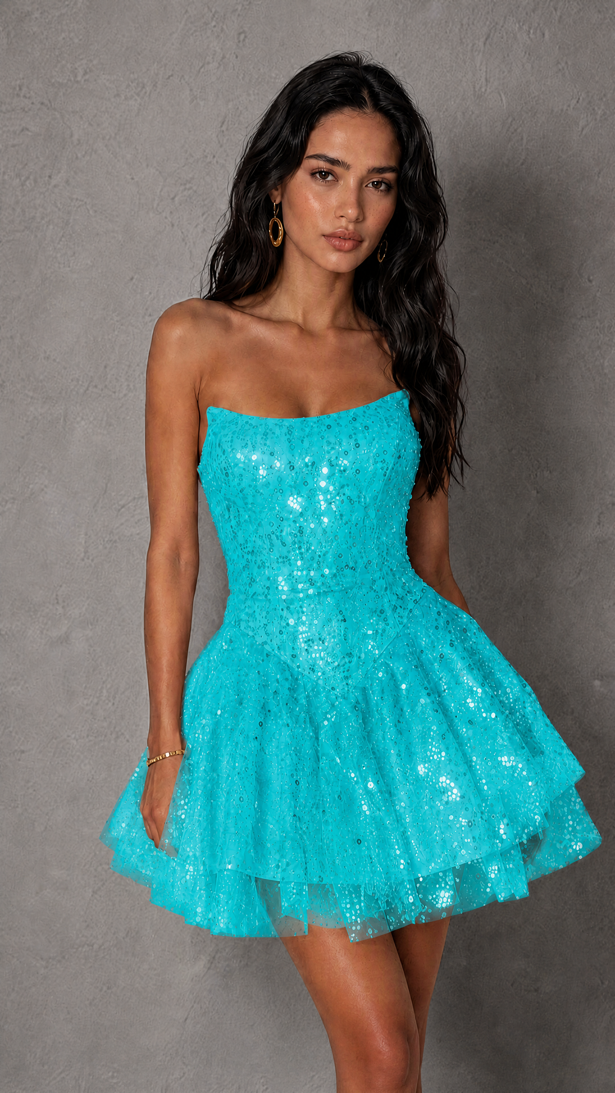 BOLODOO Turquoise Sequin Strapless Corset Tiered Ruffle Mini Dress | BD0563 - Turquoise