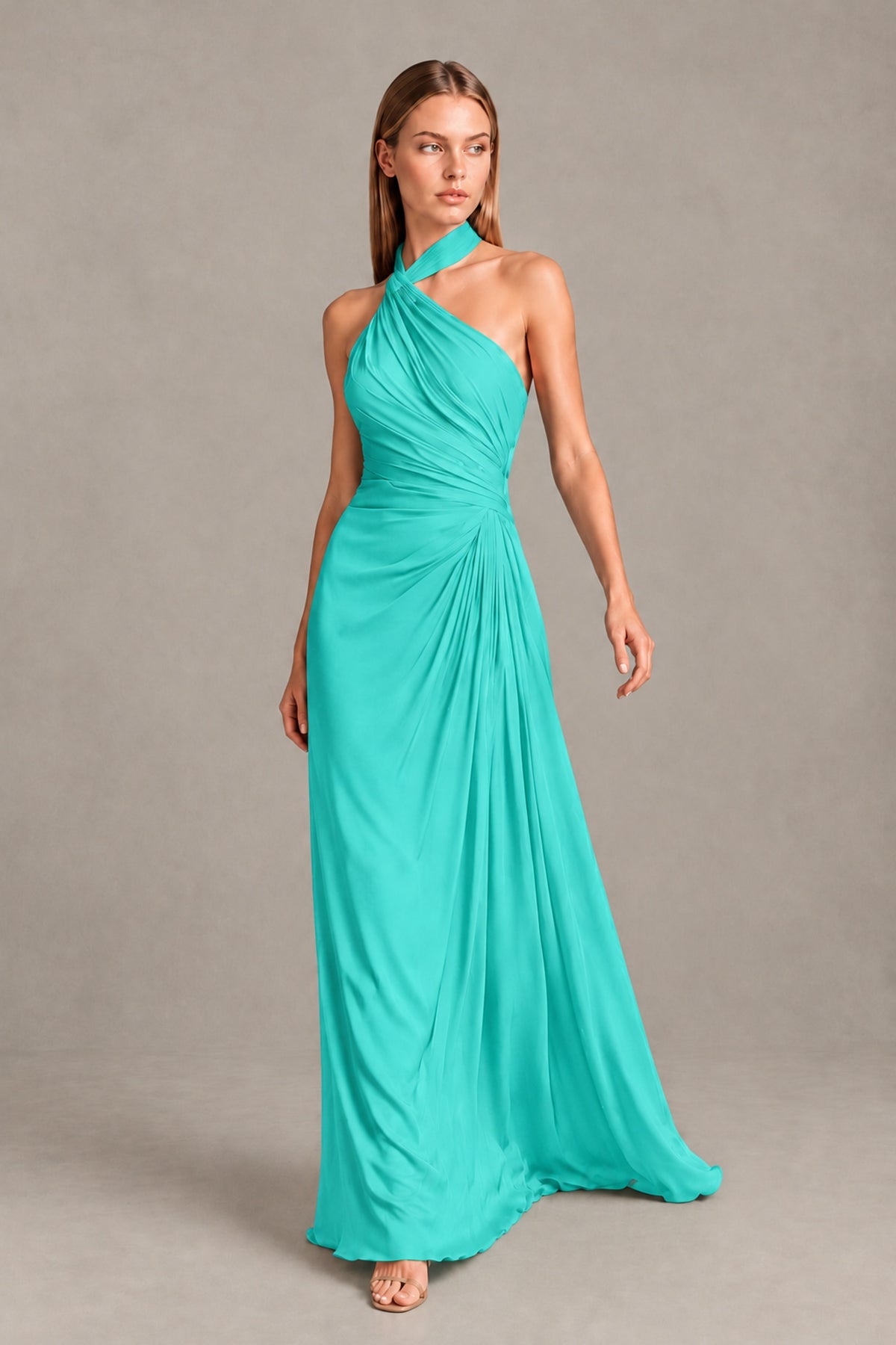 BOLODOO Turquoise Twisted Halter Neck Ruched Sleeveless Open Back Floor-Length Gown - Turquoise - Turquoise_1