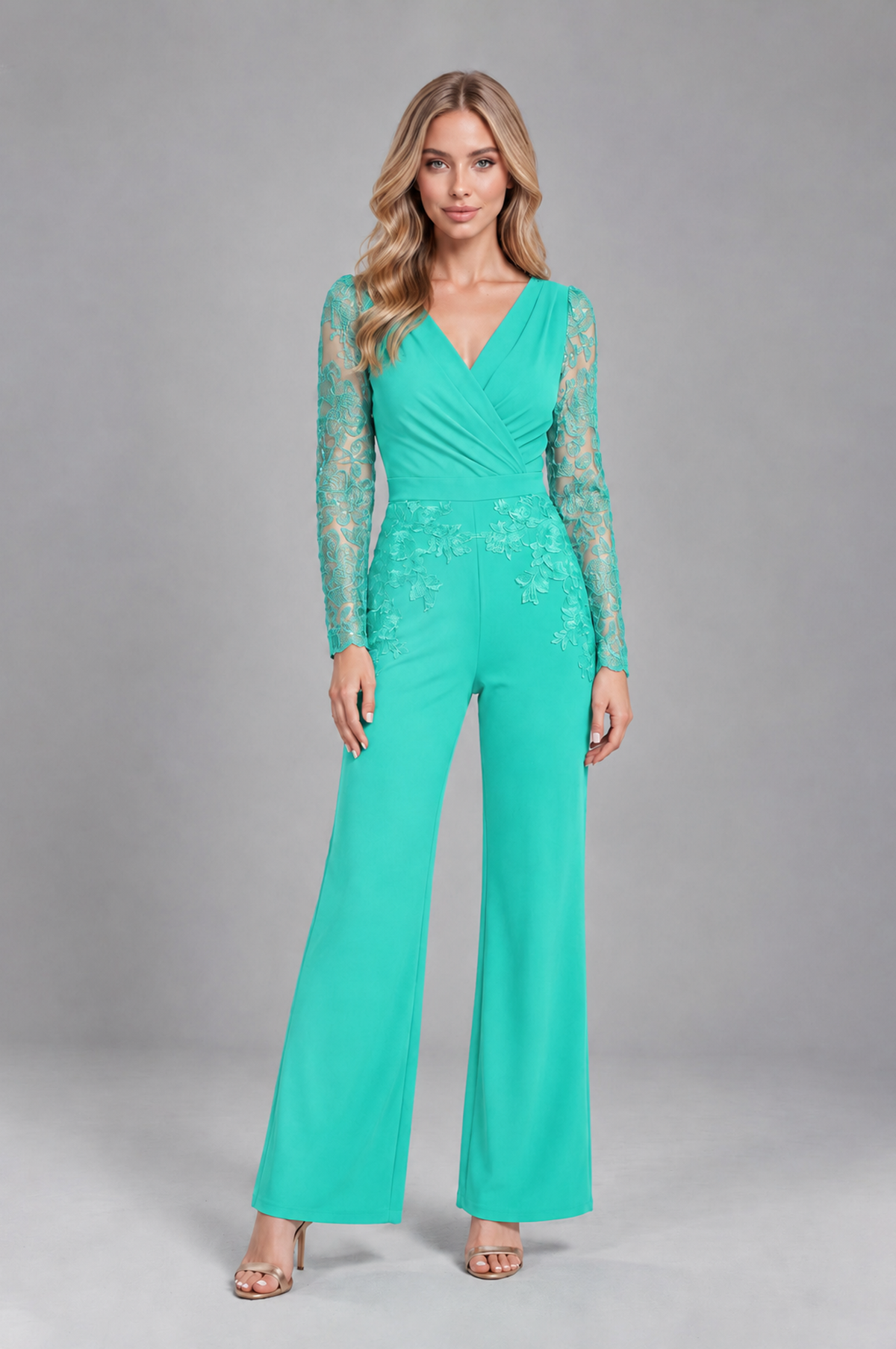 BOLODOO Turquoise Lace Long-Sleeve V-Neck Mother Pant Suit - Turquoise - Turquoise_1