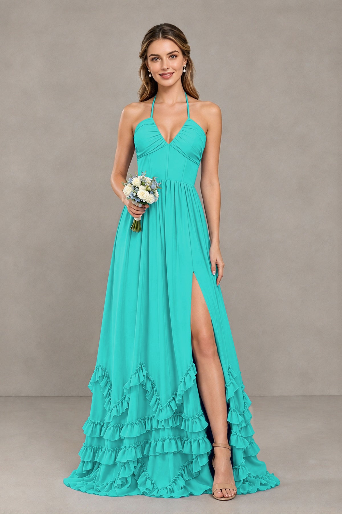 BOLODOO Turquoise Halter Ruffle Hem A-Line Bridesmaid Dress with High Slit - Turquoise - Turquoise(1)