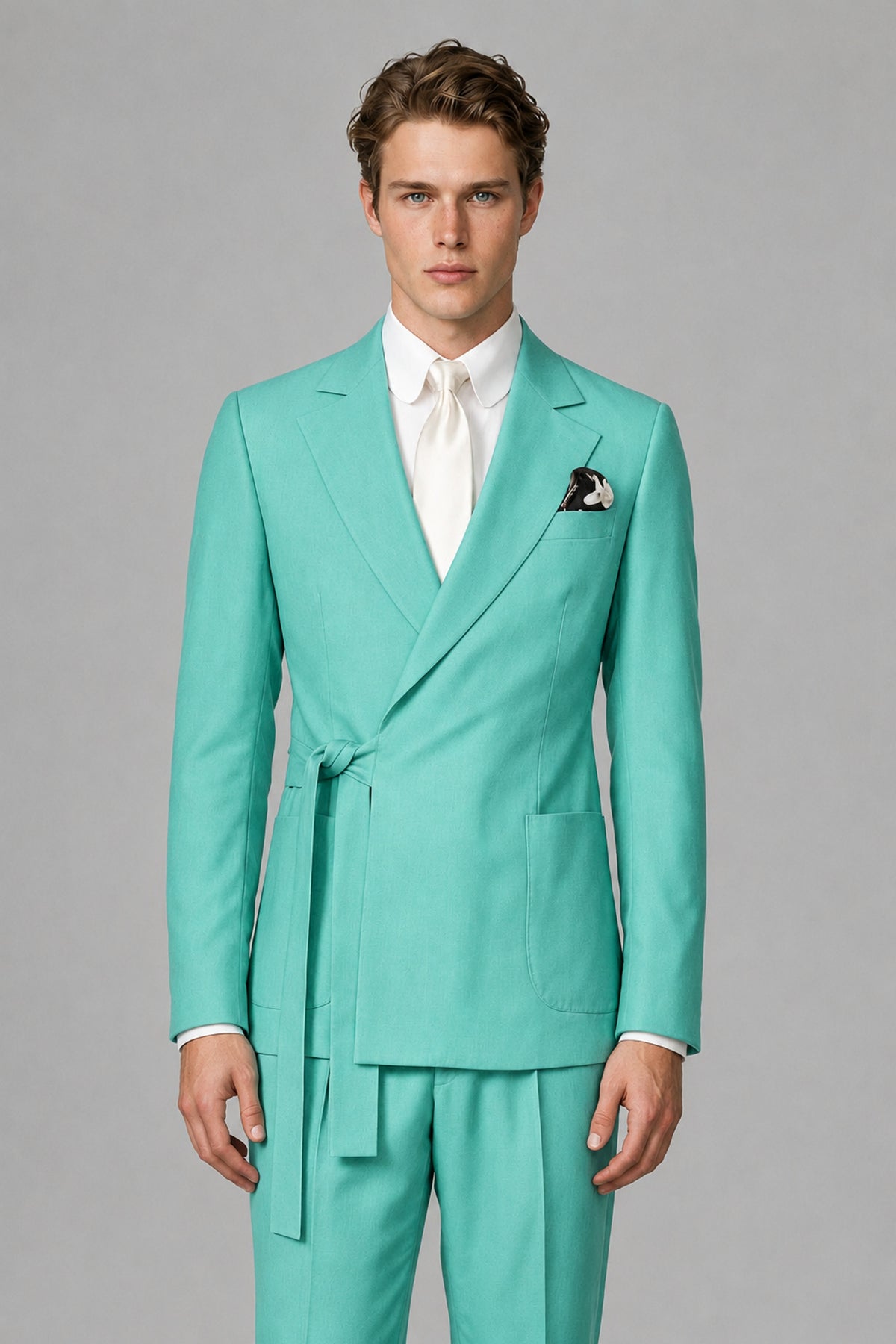 Bolodoo Men's Turquoise Wrap Tie-Waist Two-Piece Suit – Jacket & Trousers - Turquoise - Turquoise_1